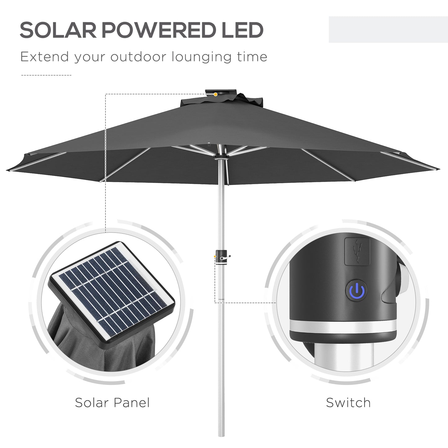 3m Parasol, with Solar-Powered LED Lights