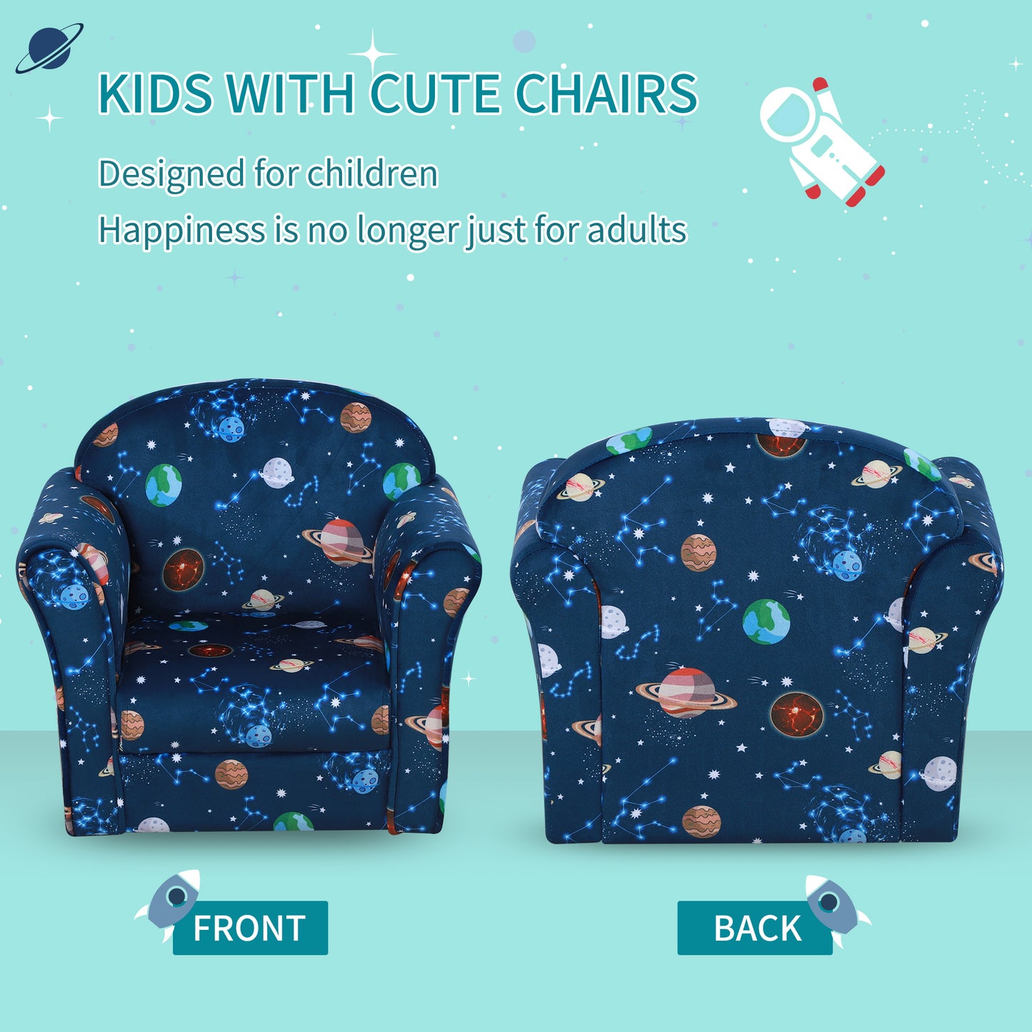 Kids Planet-Themed Armchair, with Non-Slip Feet, Wooden Frame