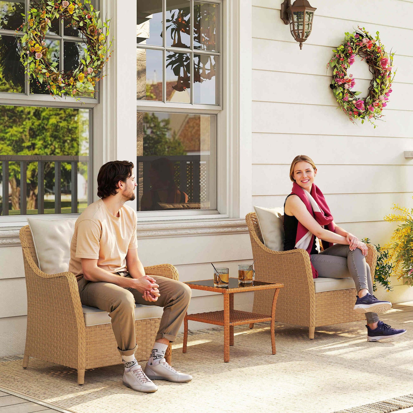 Rattan Garden Chairs Set of 2, Outdoor Rattan Chairs with Cushions