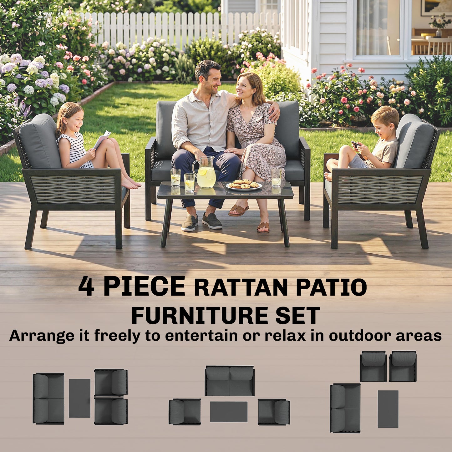 4 Seater Rattan Garden Furniture Set with 2 Armchairs, Loveseat