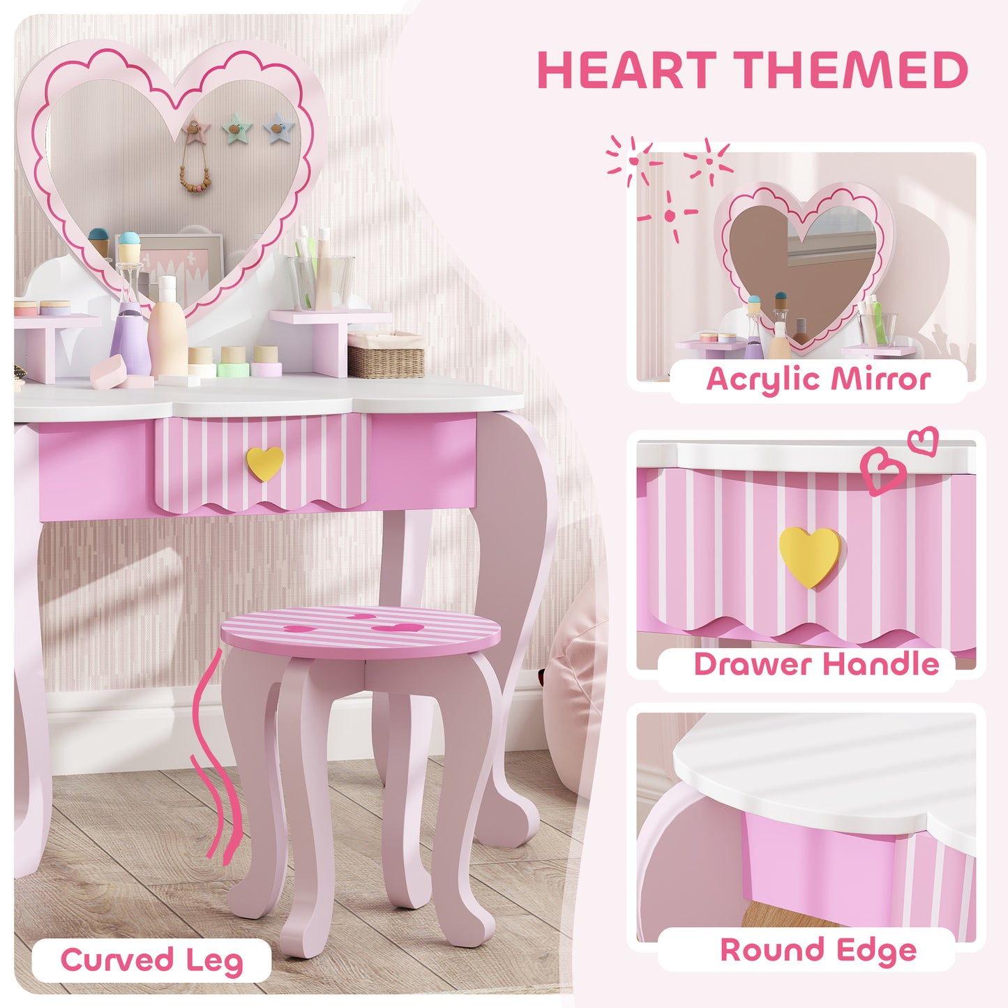 Kids Dressing Table Set, Vanity Table with Stool, Mirror, Drawer (2)