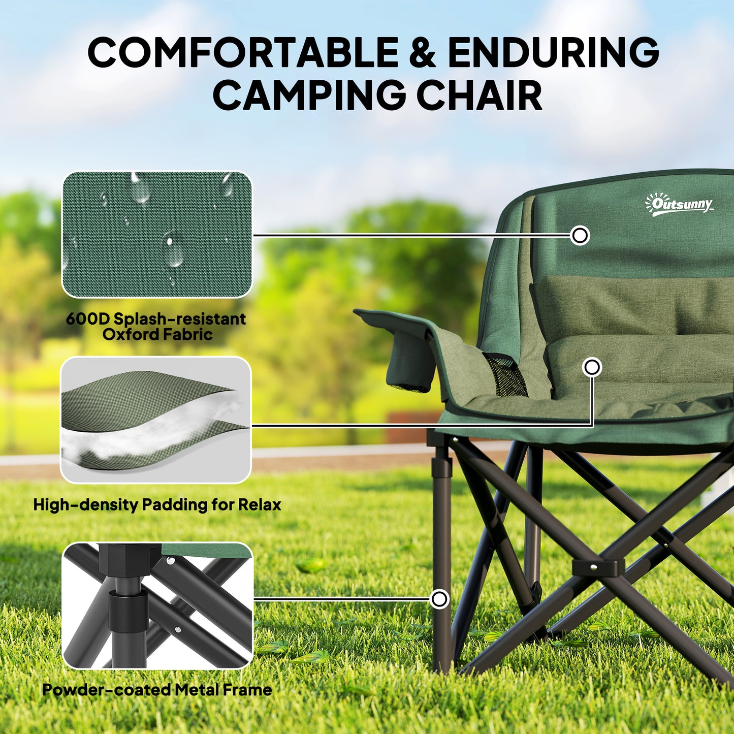 Portable Padded Camping Chair, with Bag - Olive