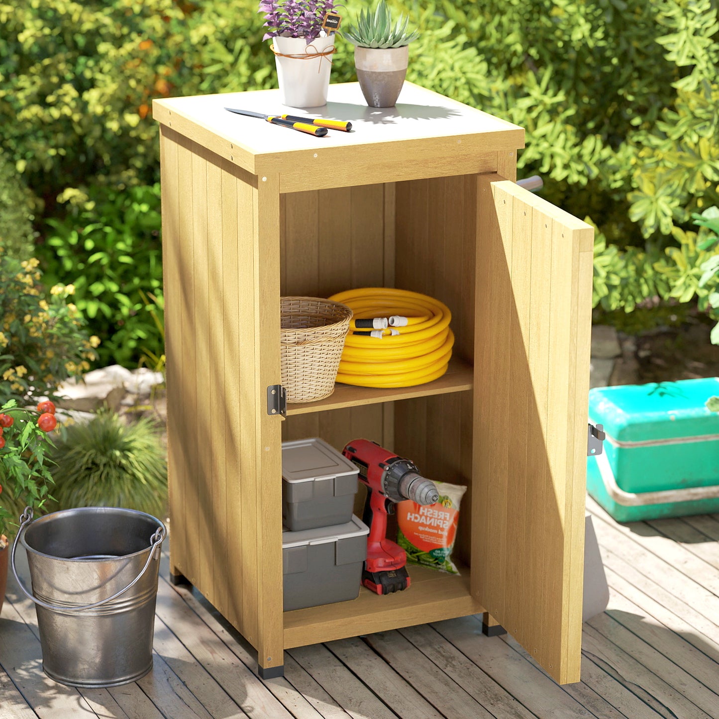 Wooden Garden Shed, Garden Tool Storage Shed with Metal Top and Shelf