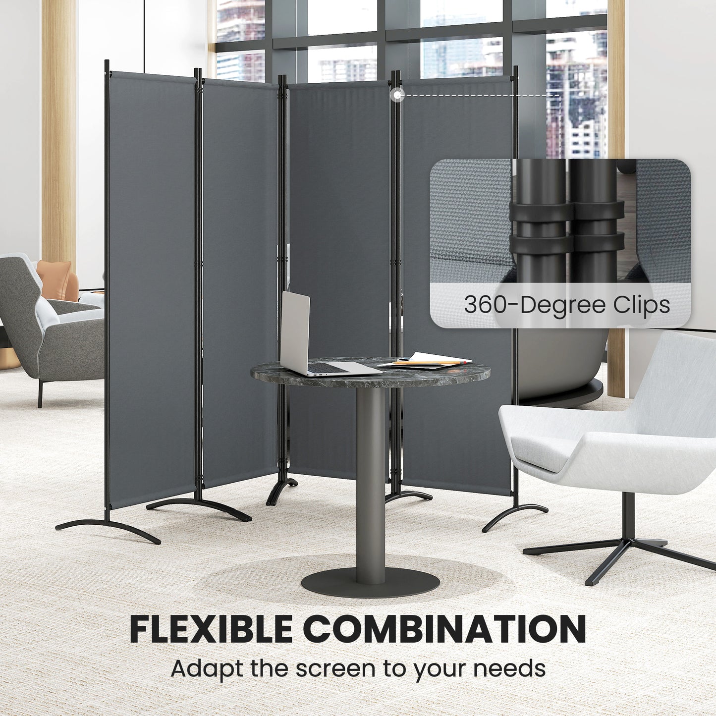 4 Panel Folding Room Divider, 1.7m Privacy Screen with Wide Feet