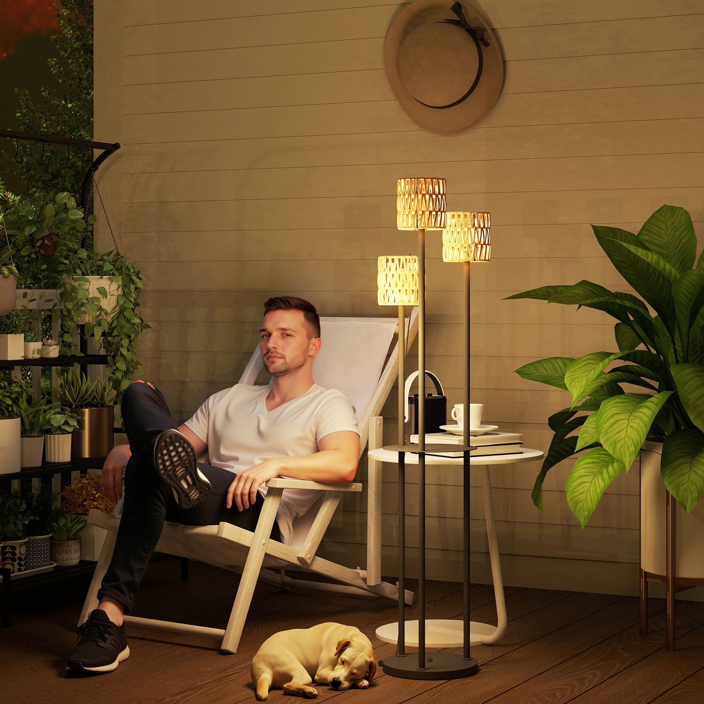 Boho Rattan Floor Lamp, 3-Lights Rattan Lamp with Shelf