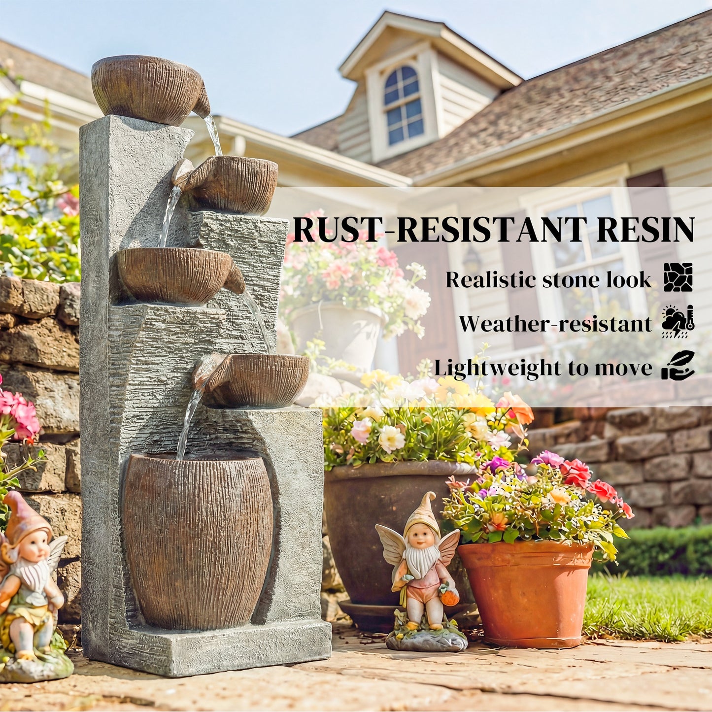 Outdoor Fountain with 5-Tier, Garden Fountain with LED Lights