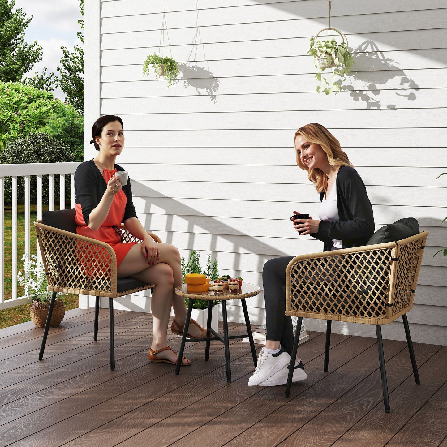 Three-Piece Cut-Out Rattan Chair and Table Set - Brown/Black