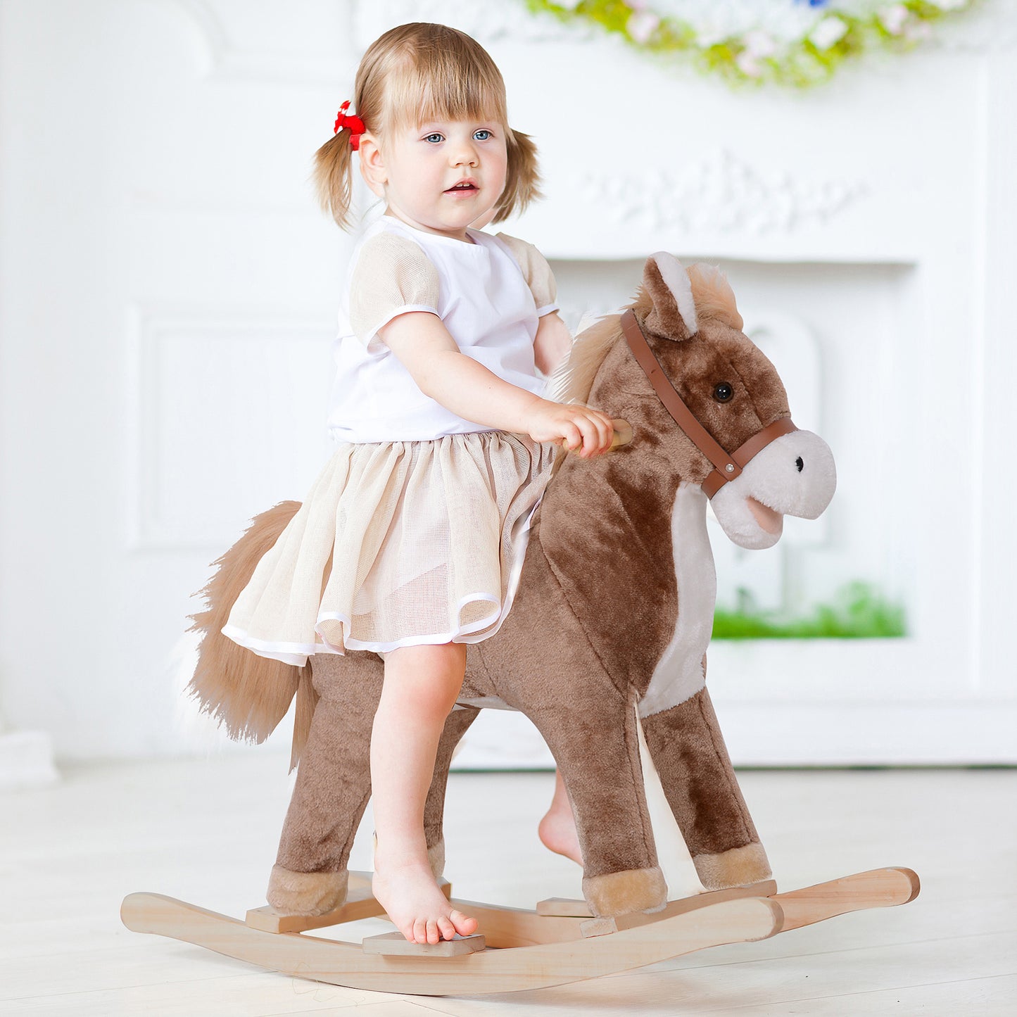Kids Children Plush Rocking Horse Wooden Base Ride On Toy Rocker