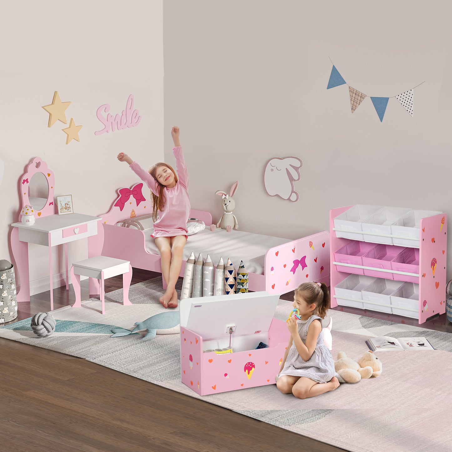 5PCs Kids Bedroom Furniture Set with Bed, Toy Box Bench