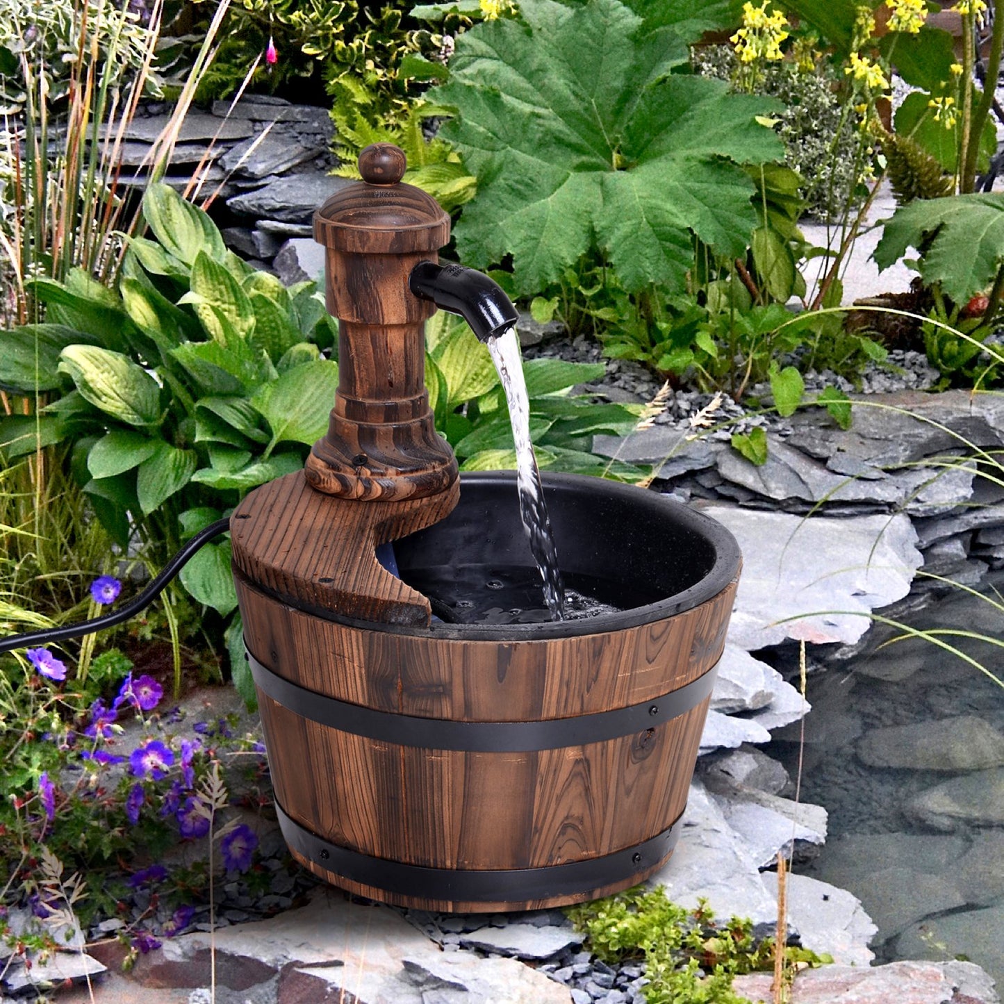 Wood Barrel Patio Water Fountain Garden Decorative Ornament Water