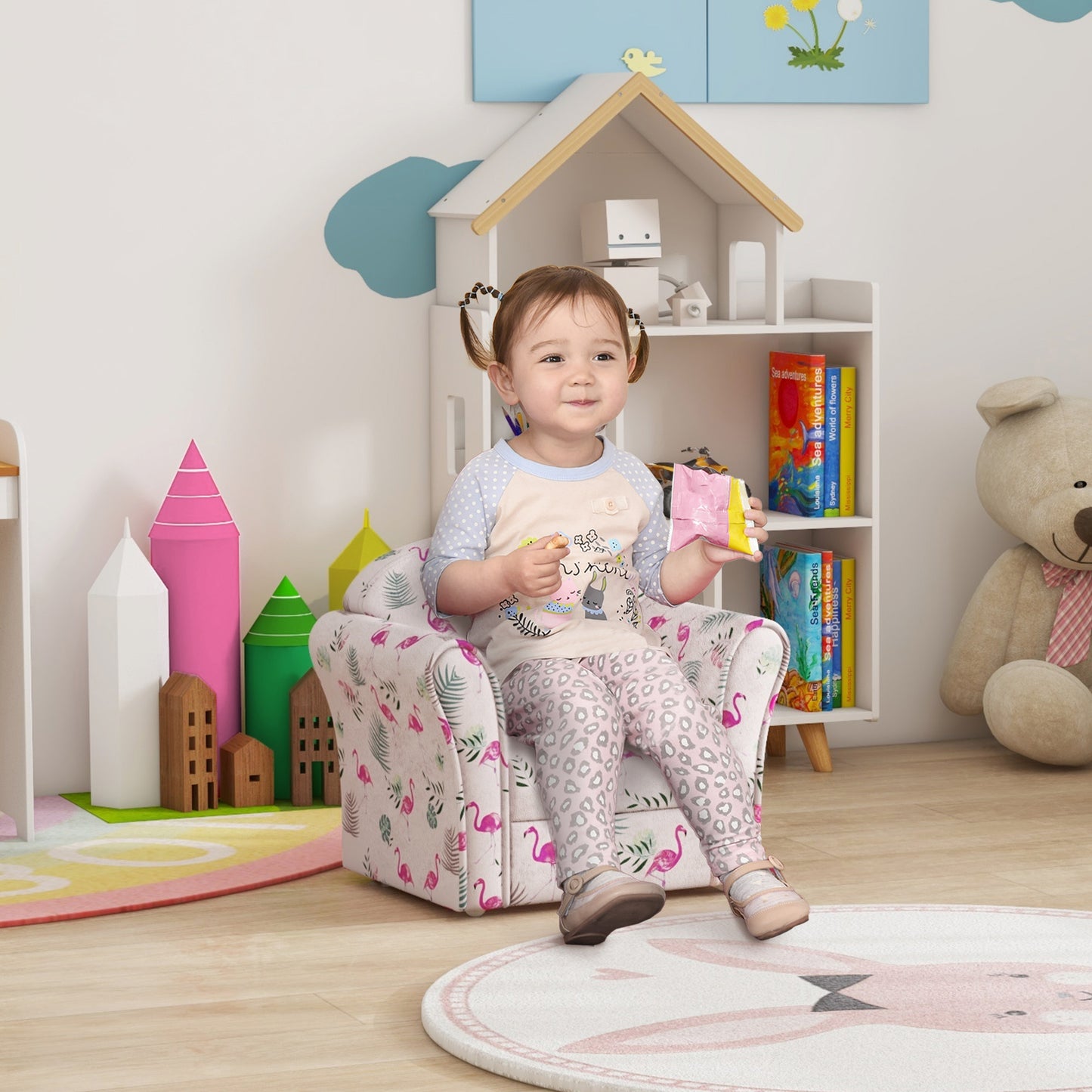 Kids Armchair with Flamingo Design, Wooden Frame, for Bedroom