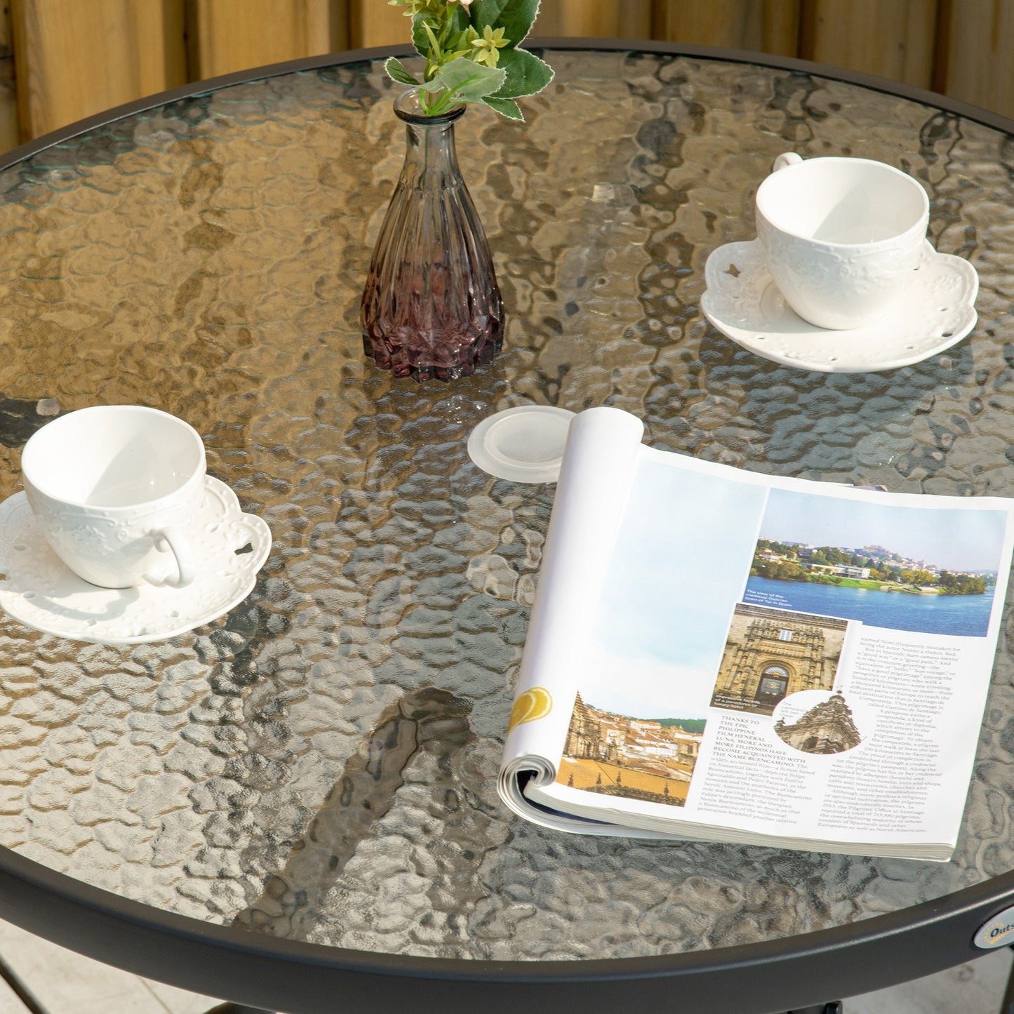 Outdoor φ80cm Round Dining Table Tempered Glass Top Steel Frame