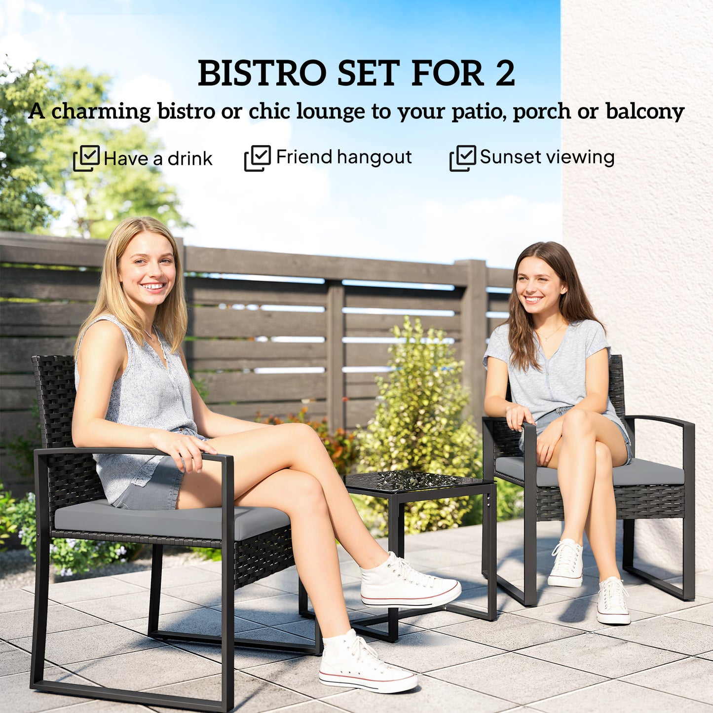 Rattan Bistro Set, 3 Piece Garden Furniture Set with Glass Top Table