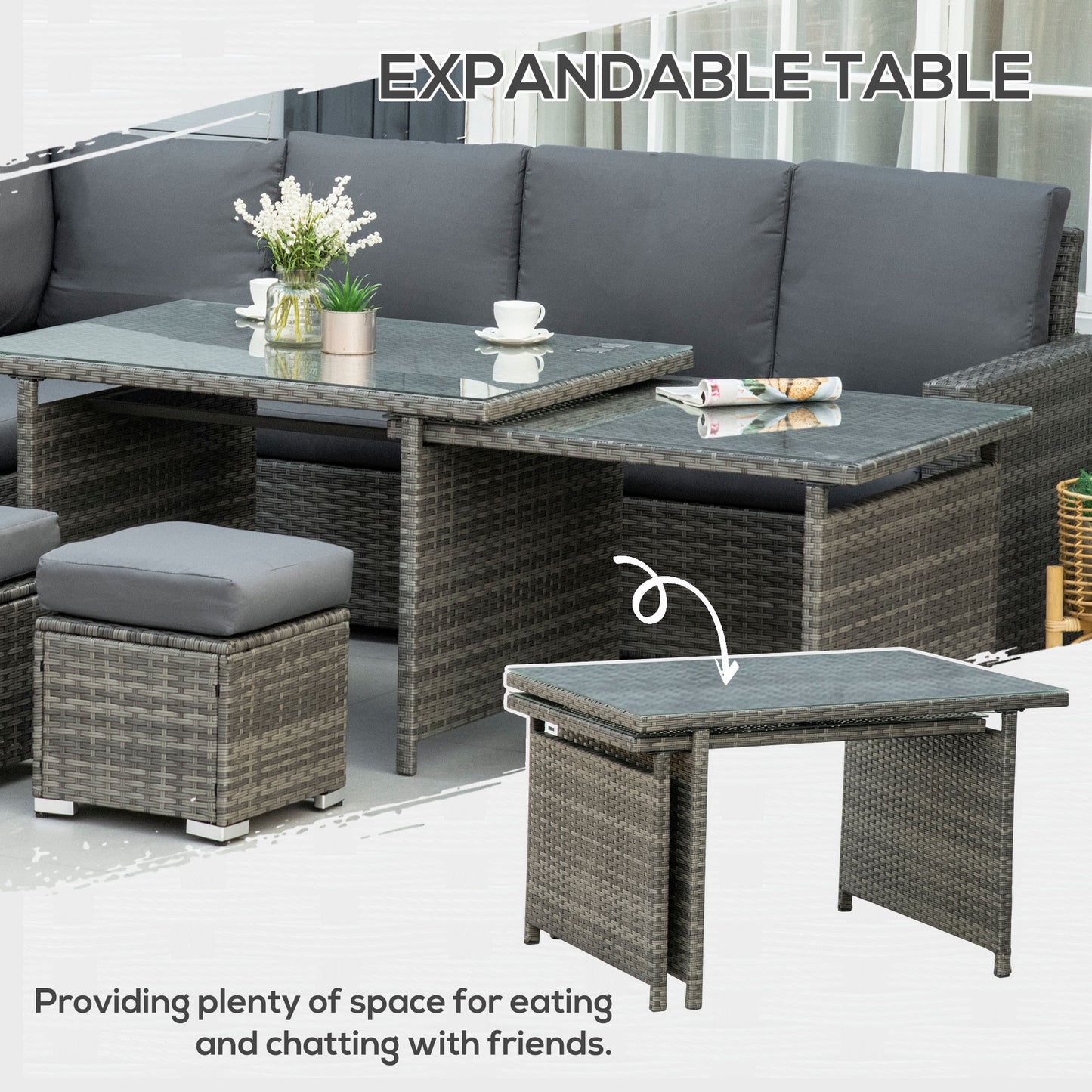 Seven-Piece Rattan Garden Sofa Set, with Expanding Table