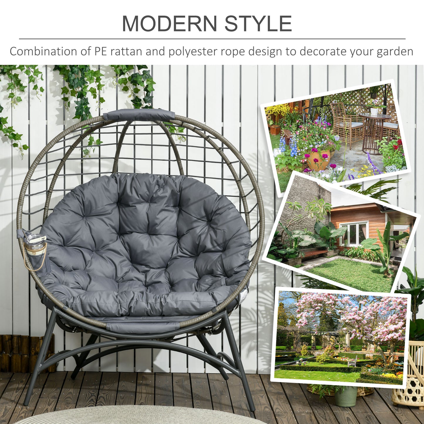 Folding Rattan Egg Chair, Freestanding Basket Chair with Cushion