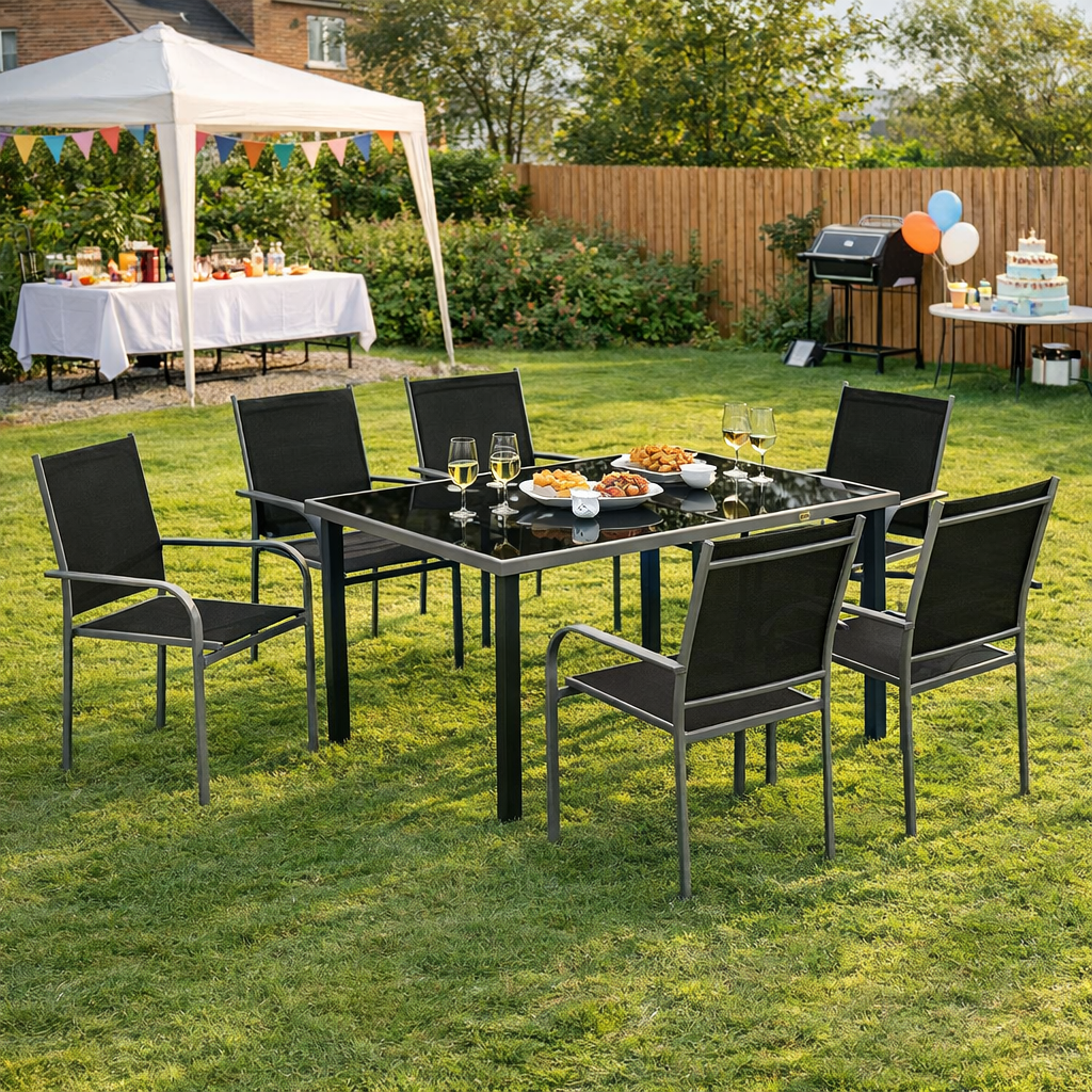 7 Piece Outdoor Garden Dining Set with Table and 6 Stackable Chairs