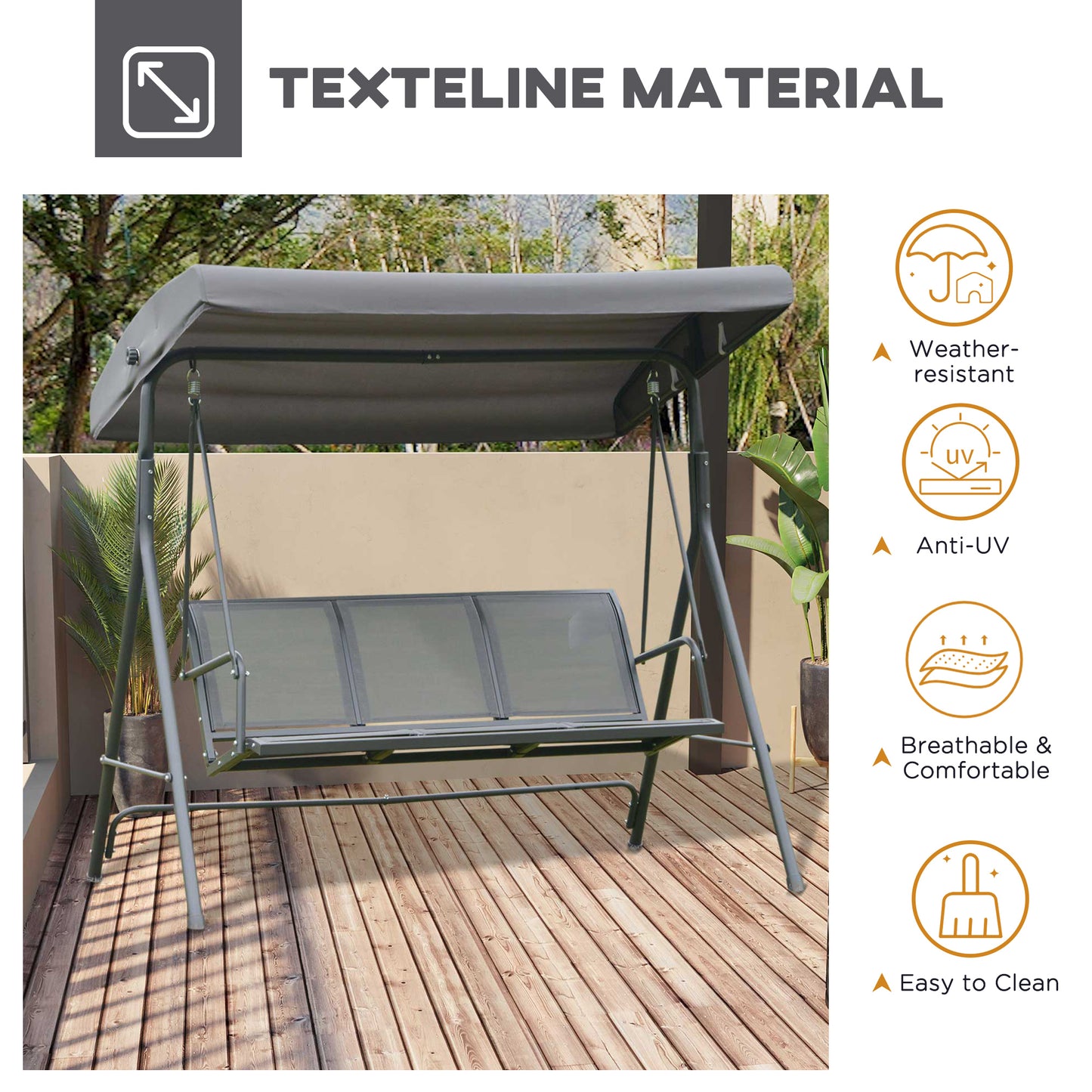 3 Seater Swing Chair, Garden Swing Bench with Canopy