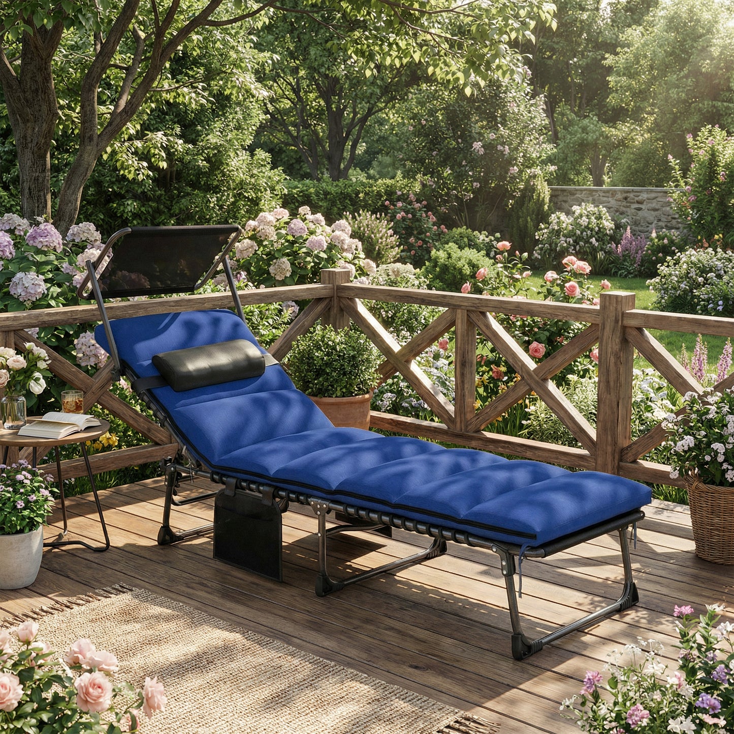 Folding Sun Lounger with Canopy, Reclining Sunbed with Cushion