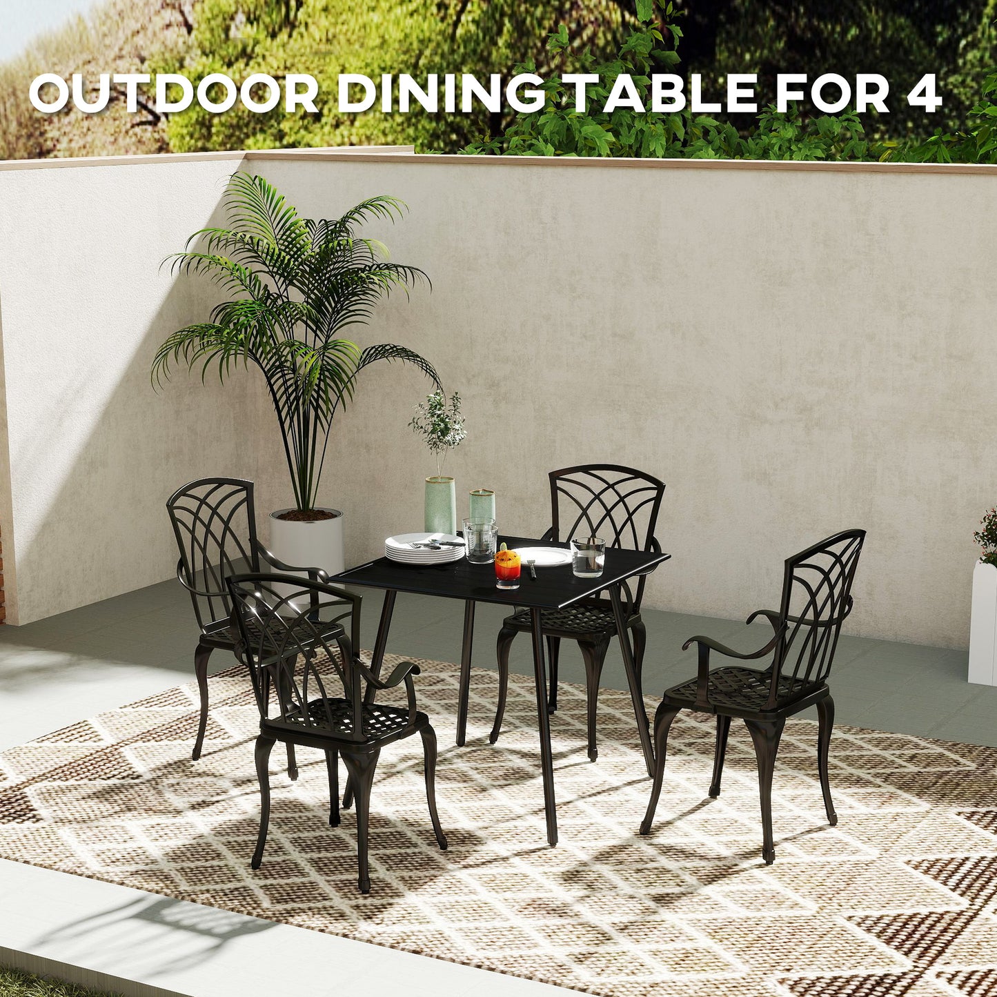 Square Garden Table with Slat Top, Steel Frame