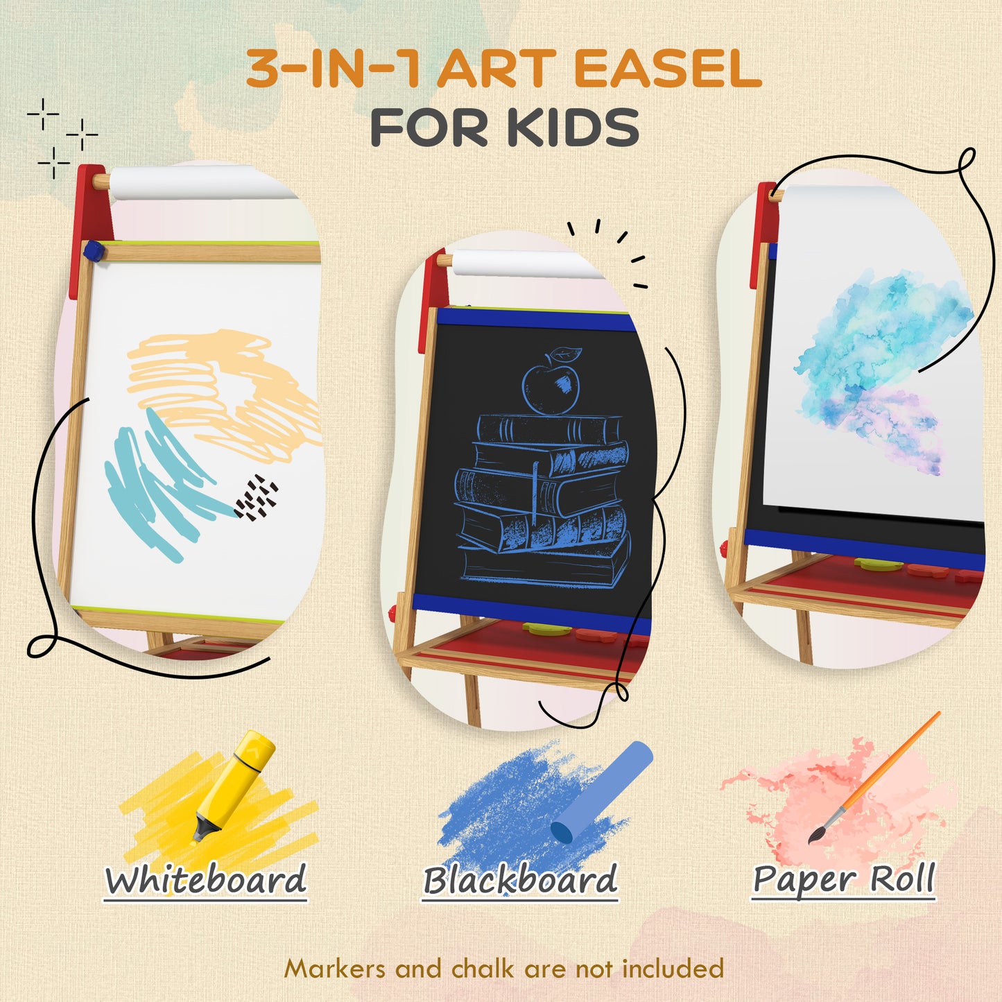 3-in-1 Wooden Kids Easel with Paper Roll, Whiteboard, Chalkboard