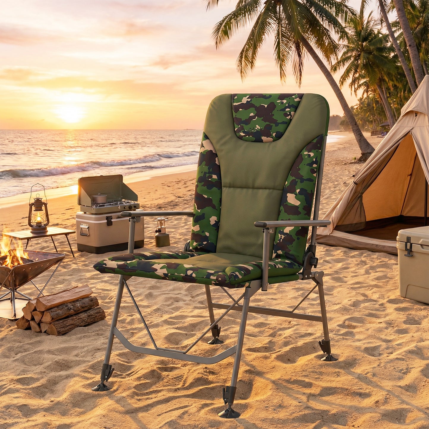 Camping Chair Padded Reclining Folding Chair with Wide Armrests