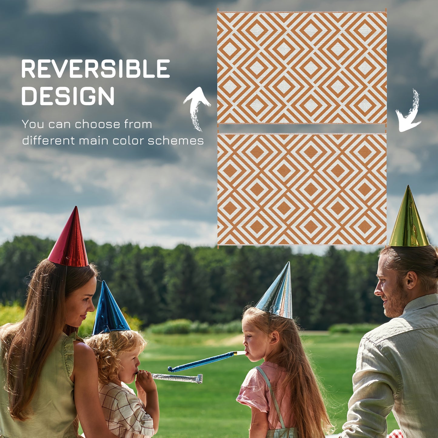 Reversible Outdoor Rug, Plastic Straw Mat w/ Carry Bag Ground Stakes