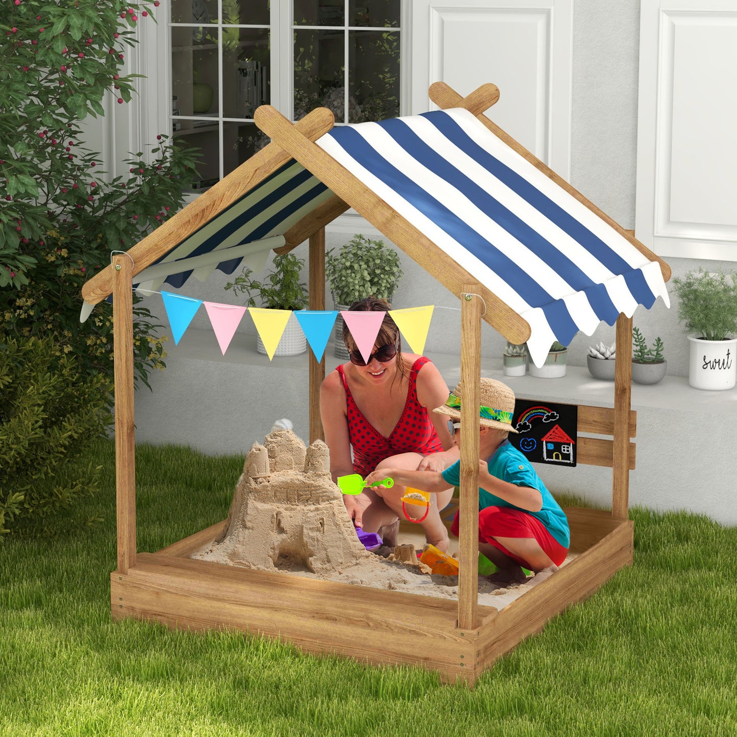 House-Designed Wooden Sandbox, Outdoor Sandpit, with Blackboard