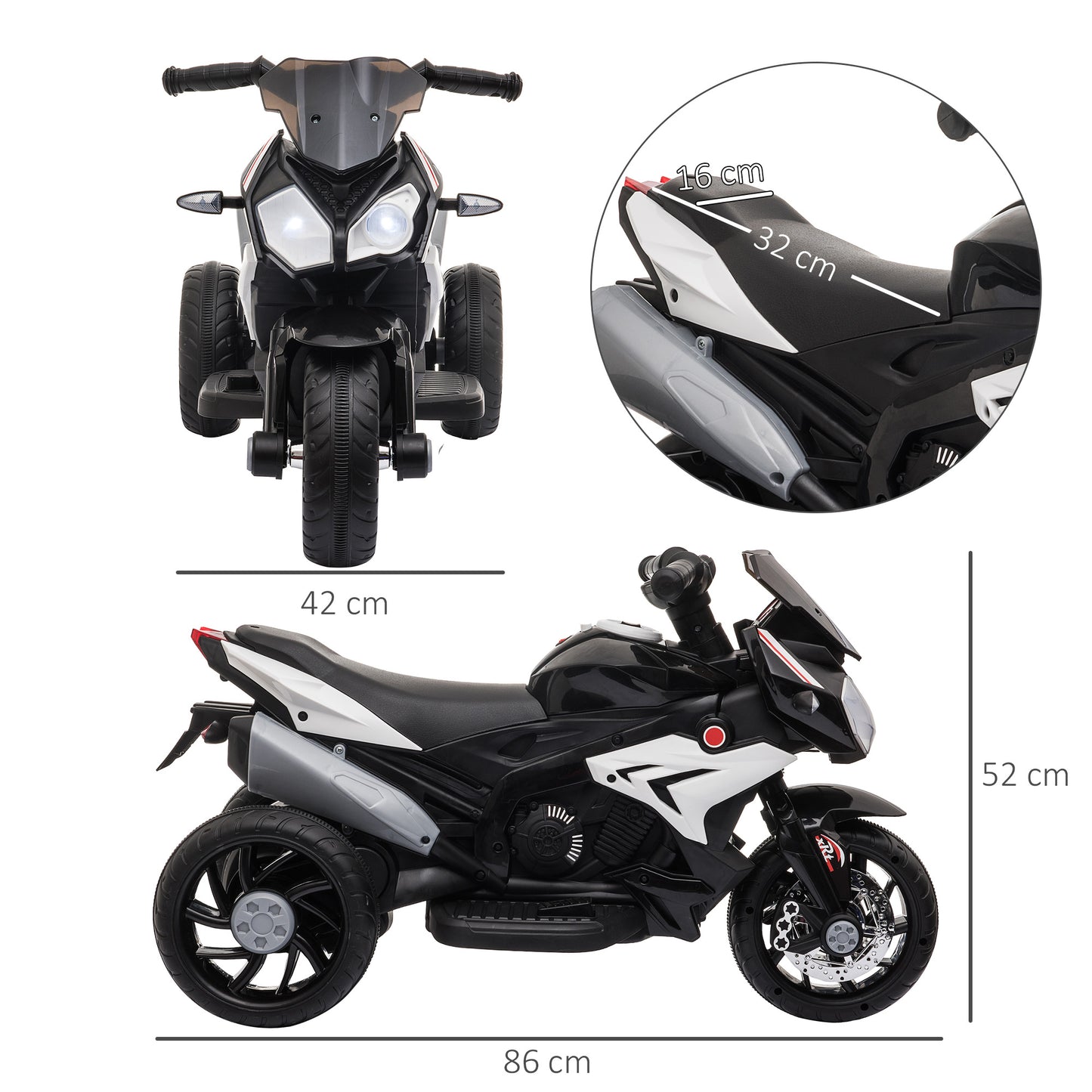 Kids Electric Motorcycle Ride-On Toy, with Three Wheels, Music, Horn