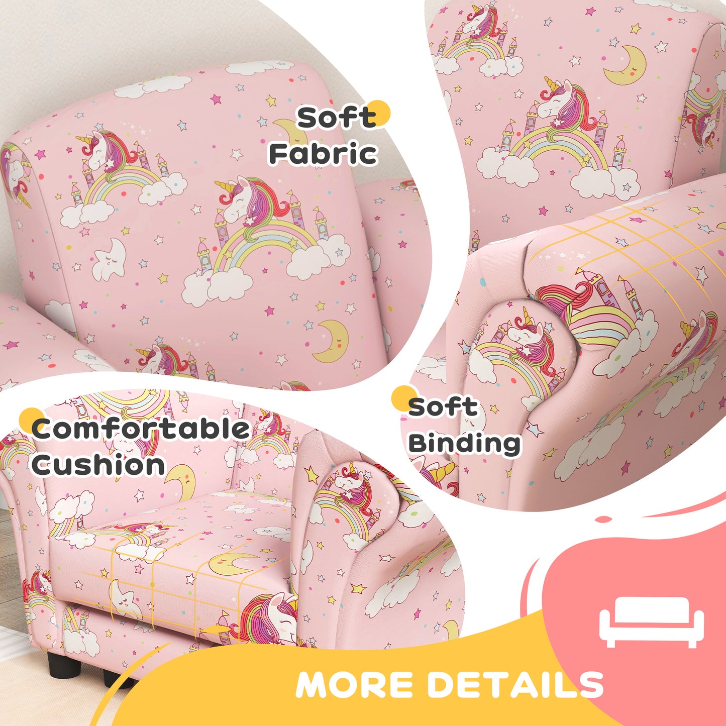 2 Piece Kids Sofa Set with Unicorn Design, Wooden Frame