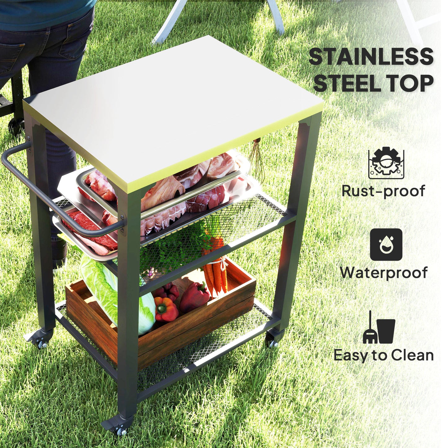 Three-Shelf Outdoor Grill Cart with Stainless Steel Top