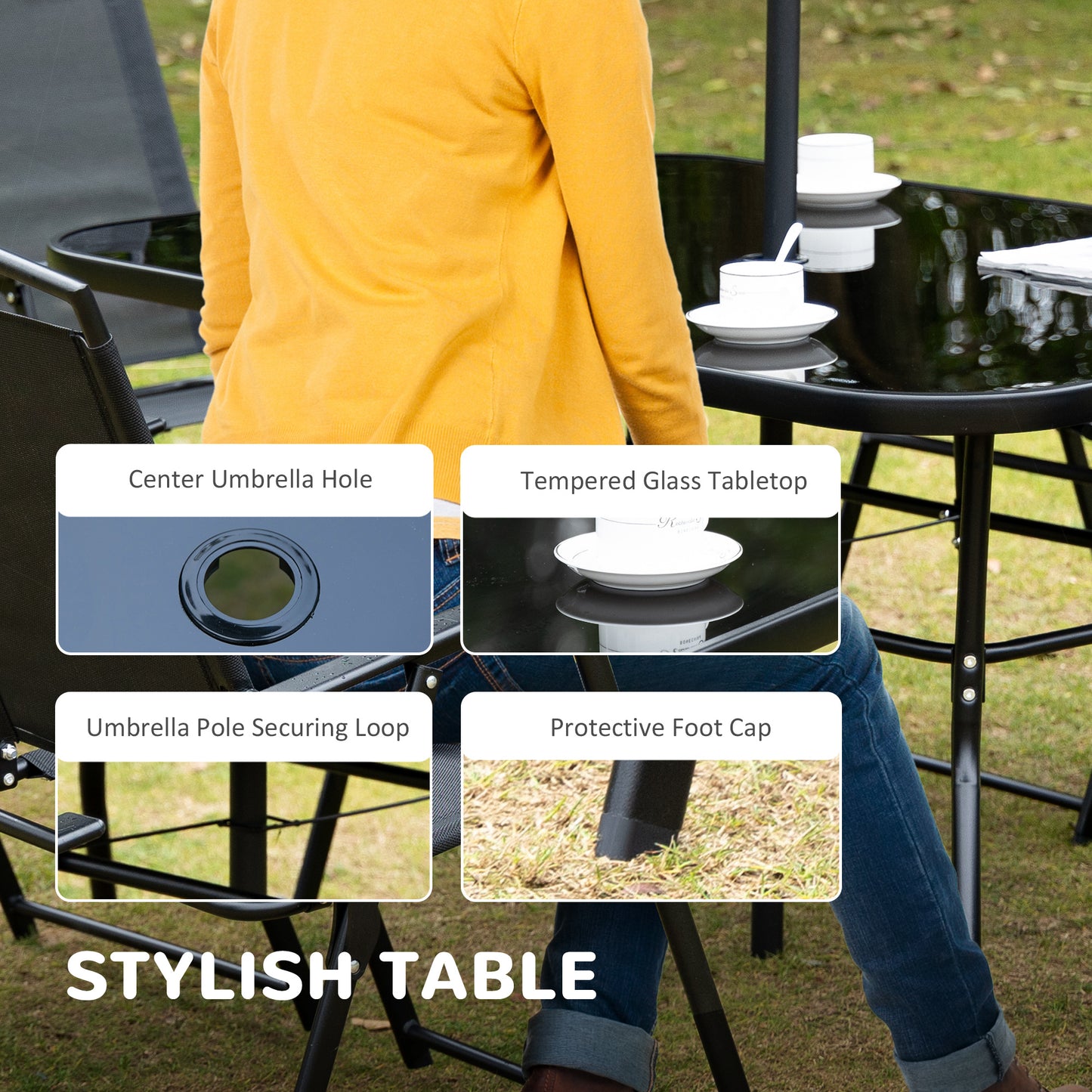 Eight-Piece Garden Dining Set, with Chairs, Table and Parasol