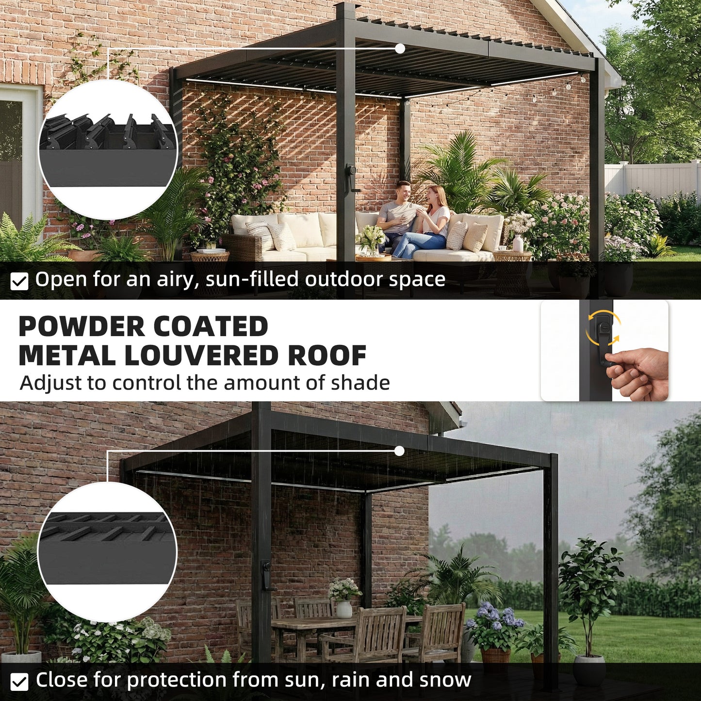 3 x 3 m Louvered Pergola with Solar LED lights, Metal Roof