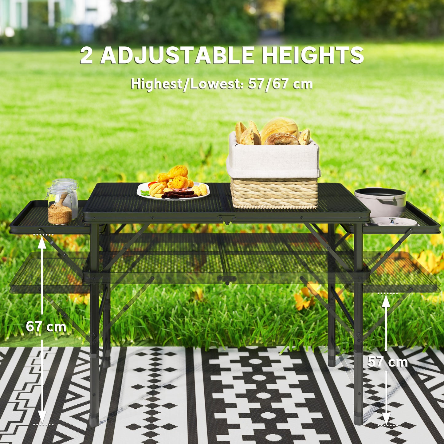 Folding Grill Table, 4.5ft Portable Camping Table with 2 Wing Panels