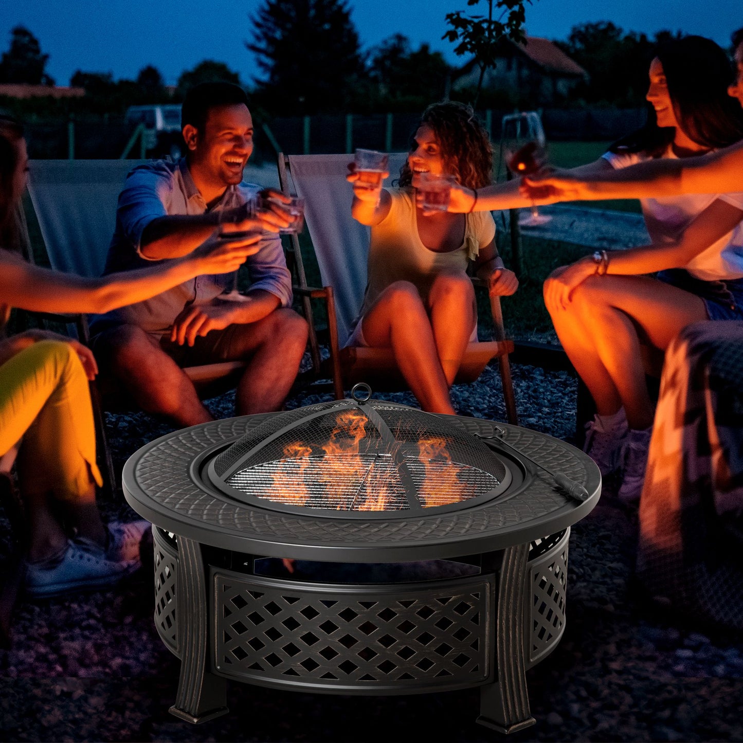 Outdoor Fire Pit, Firepit with Grill Net, Mesh Lid, Poker