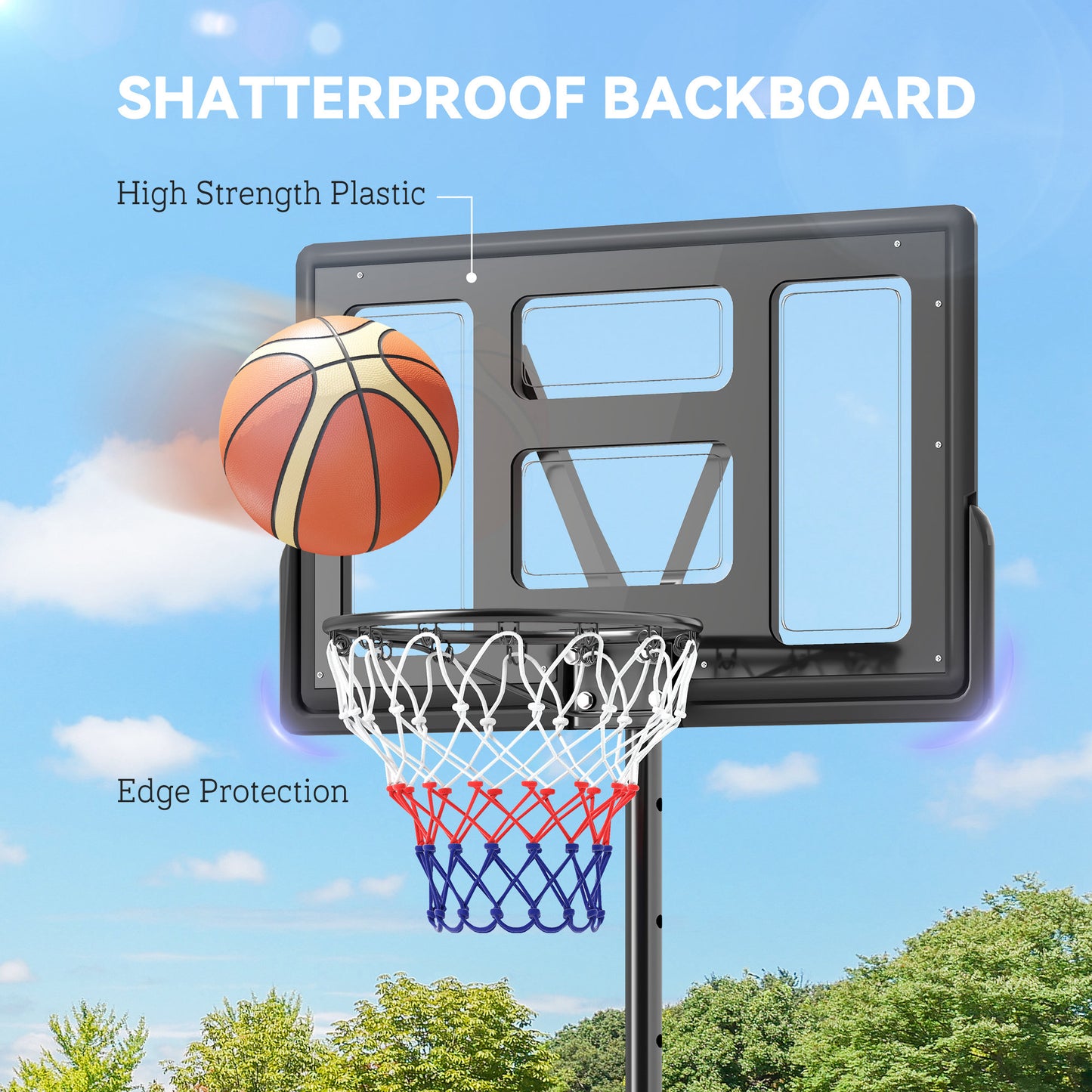 2.3-3.05m Basketball Hoop and Stand, with Weighted Base, Wheels
