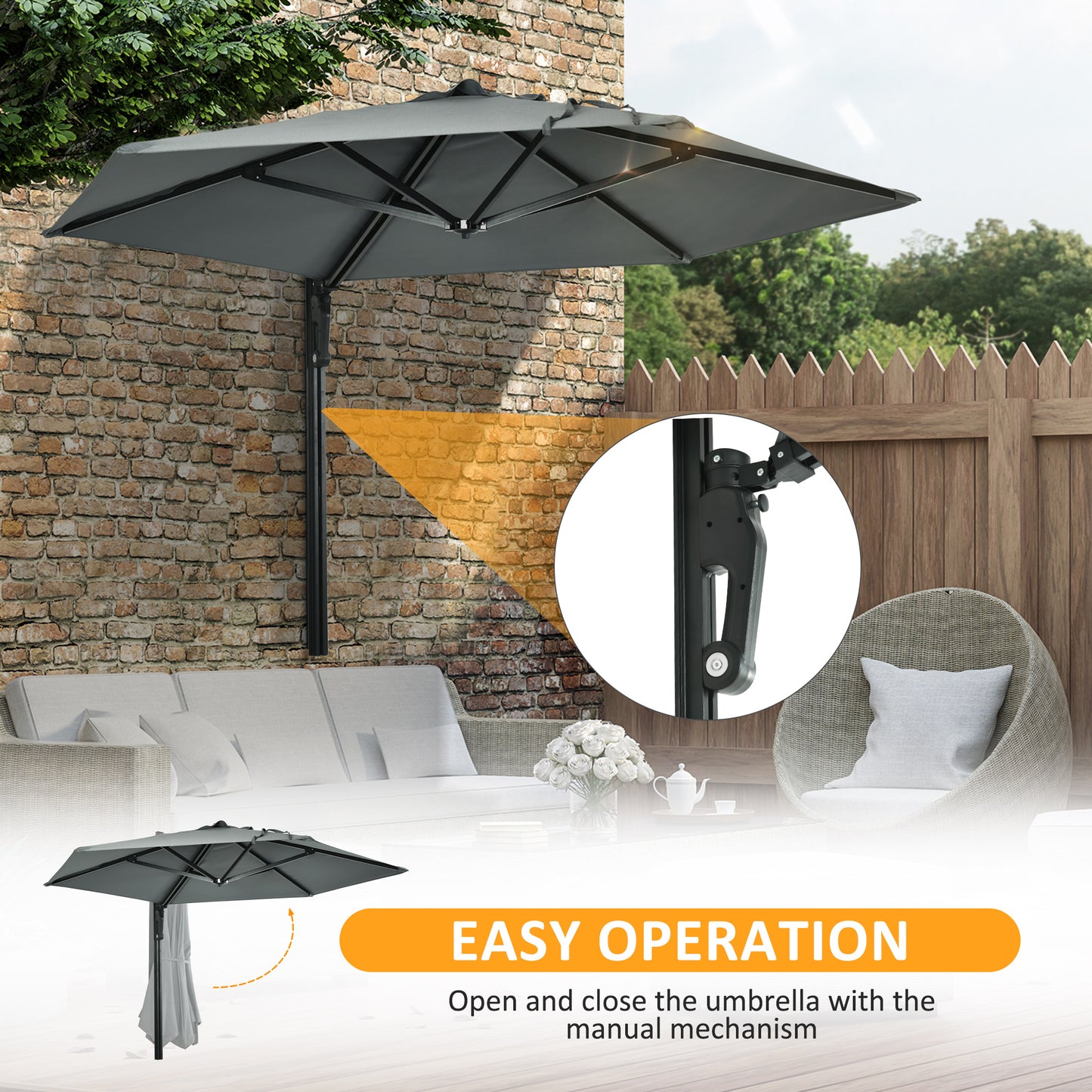 2.5m Wall Mounted Parasol, Hand to Push Outdoor Patio Umbrella