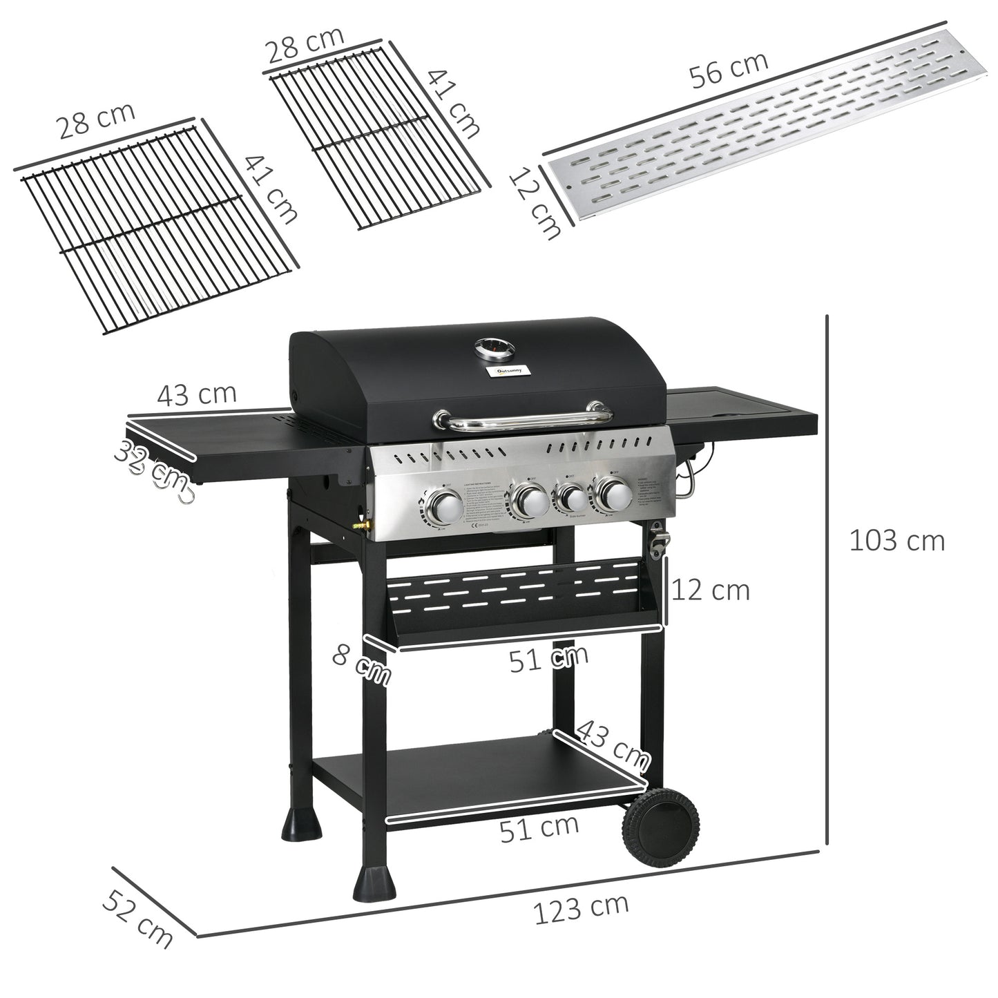 Four-Burner Steel Gas Grill, with Thermometer