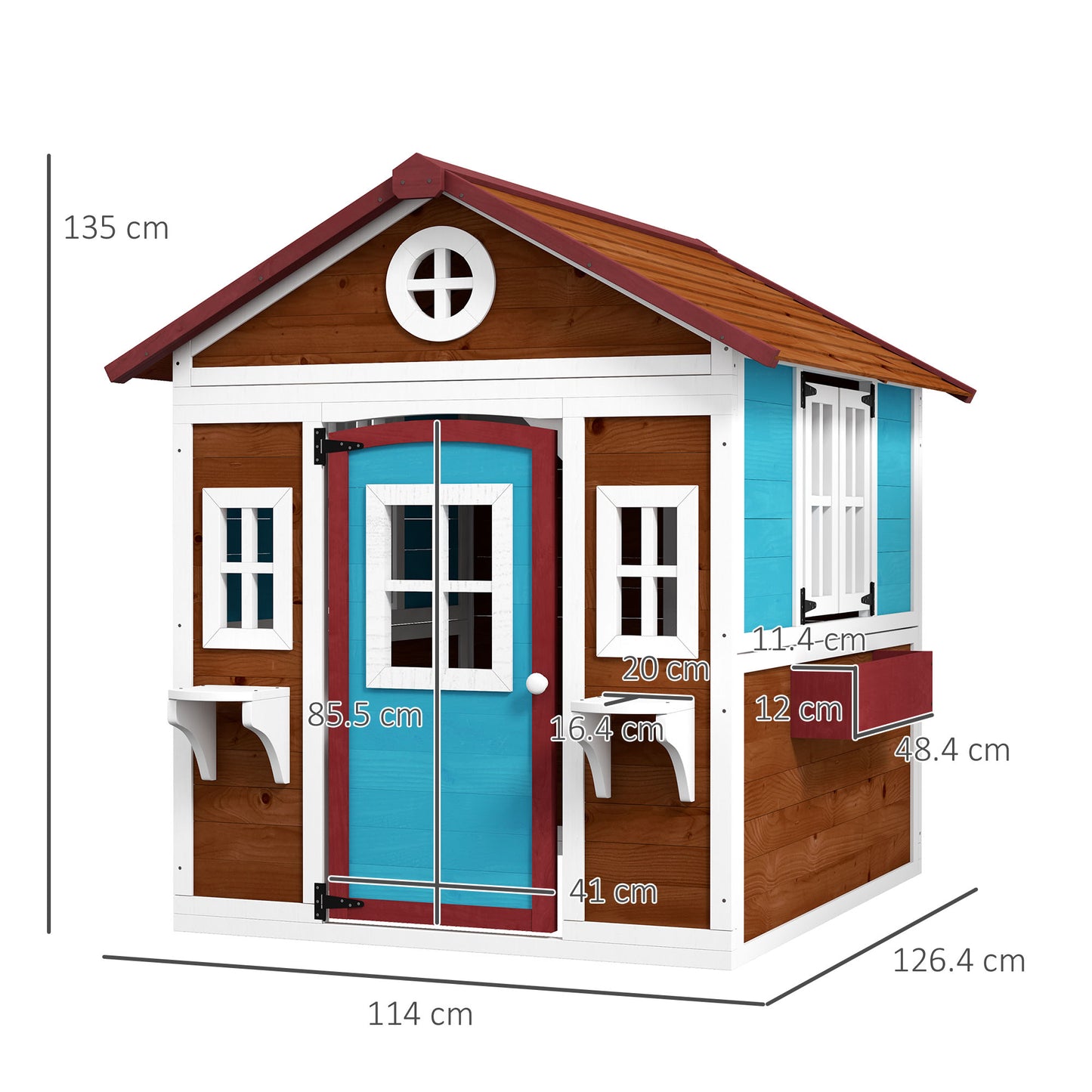 Wooden Playhouse with Doors, Windows, Plant Pots, Boxes, for 3-8 Years