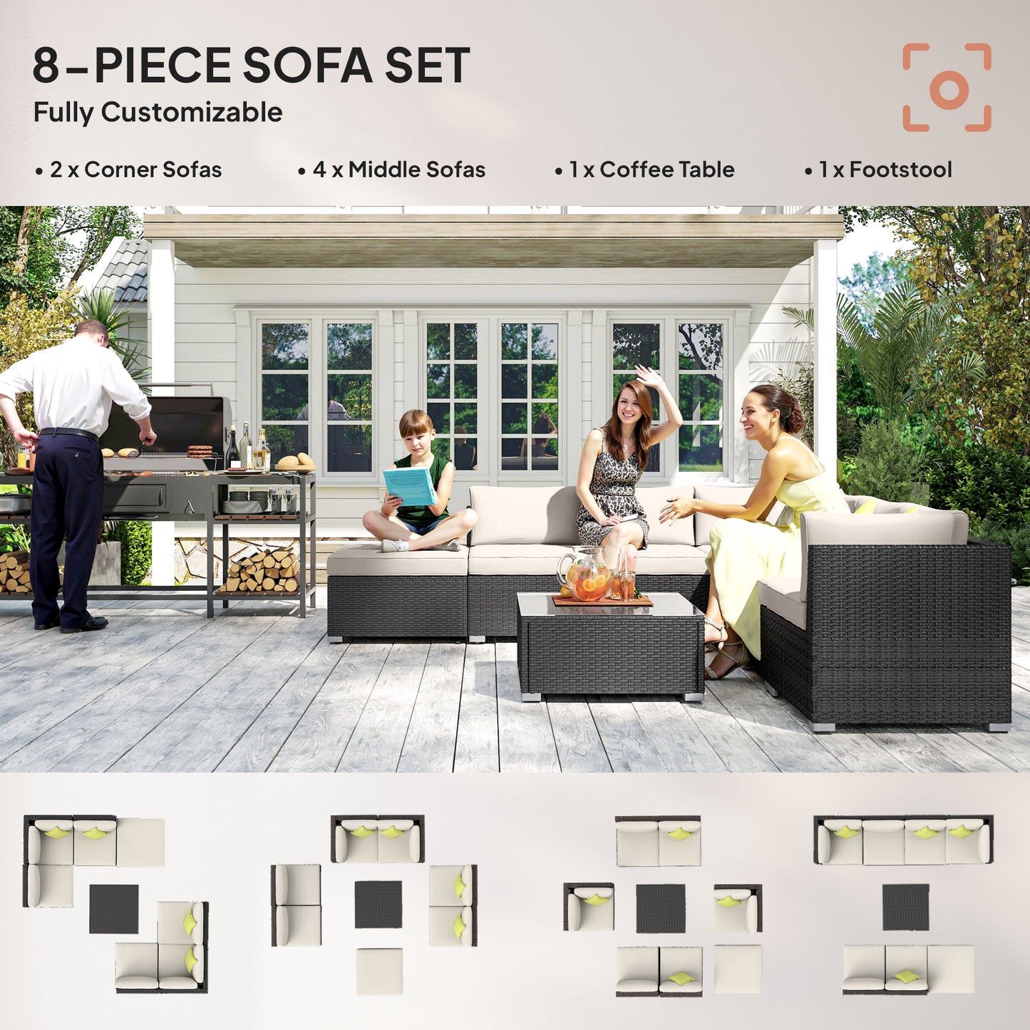 8 Piece Rattan Corner Sofa Set with Wide & Deep Seat