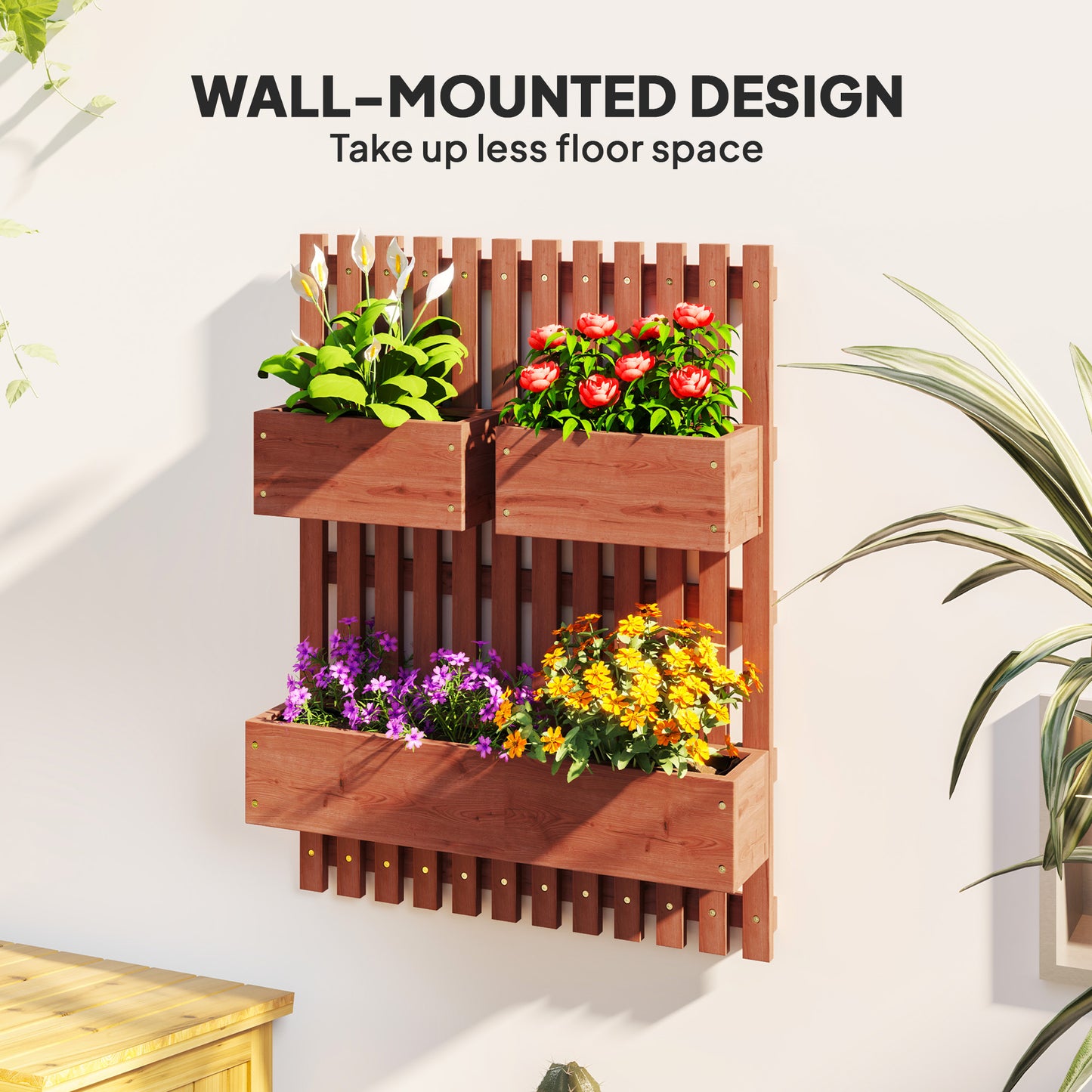 Wall-mounted Wooden Garden Planters with Trellis
