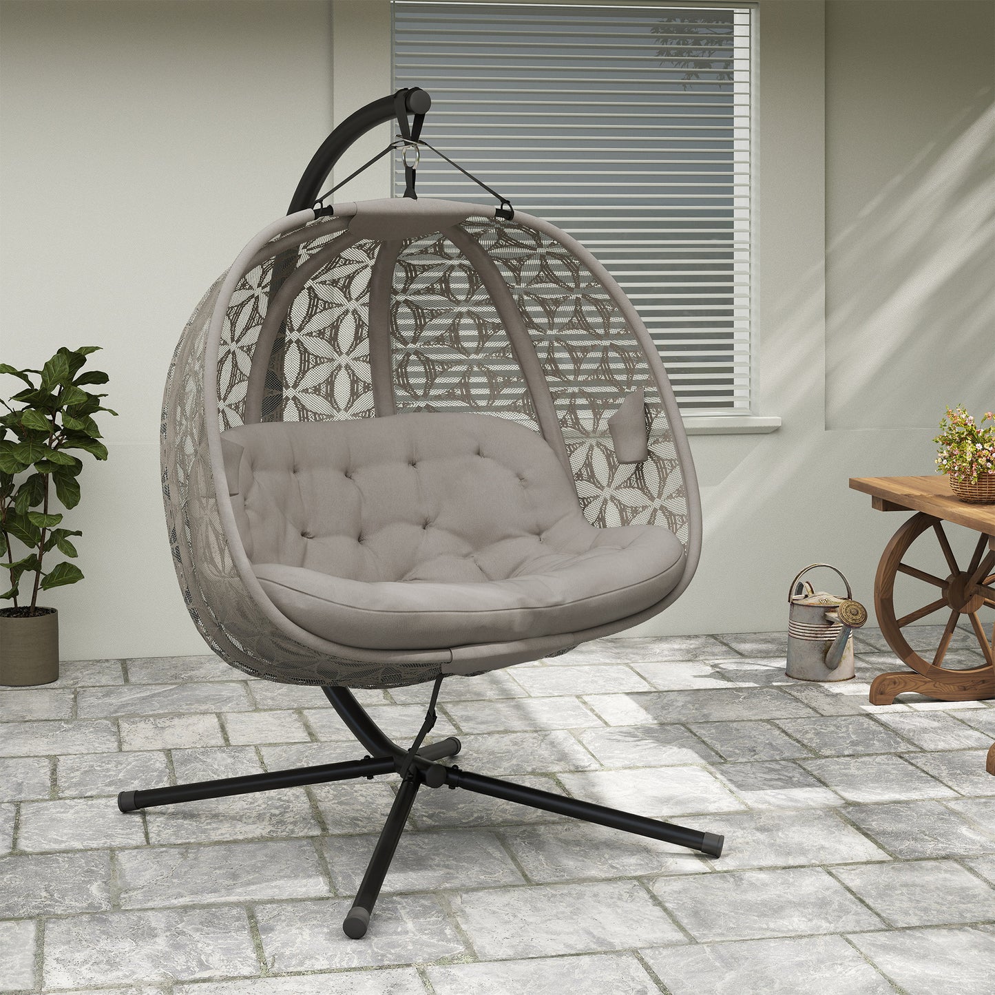 Outdoor Double Hanging Chair with Cushion and Cup Holders