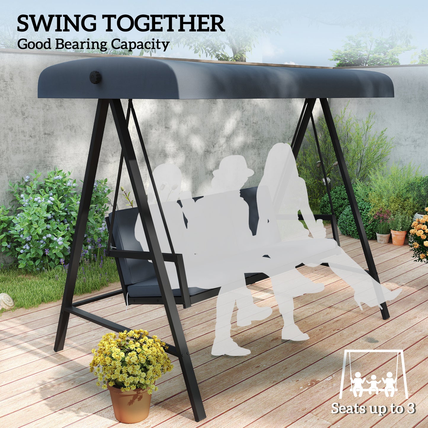 Three-Seat Garden Swing Chair, with Adjustable Canopy