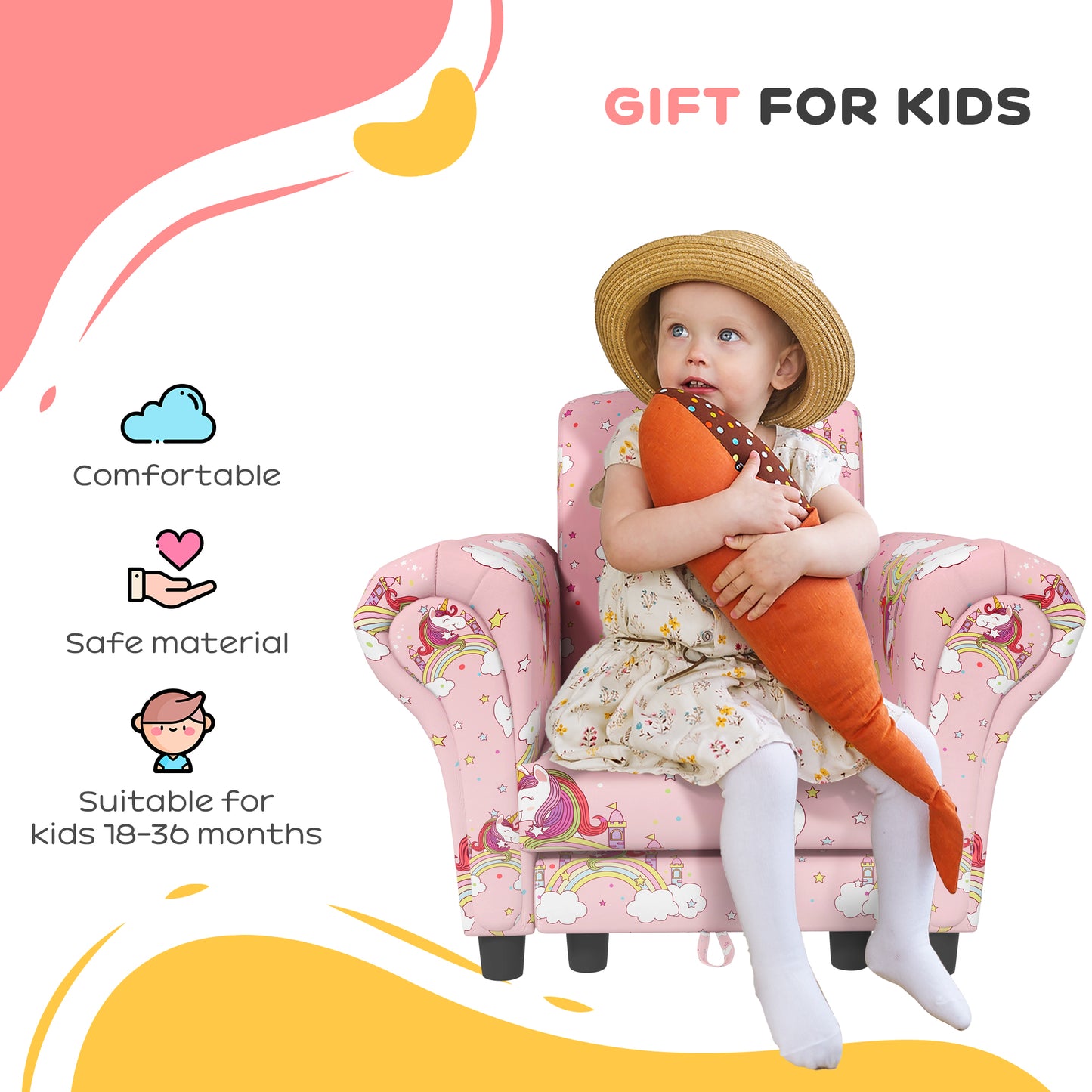 2 Piece Kids Sofa Set with Unicorn Design, Wooden Frame