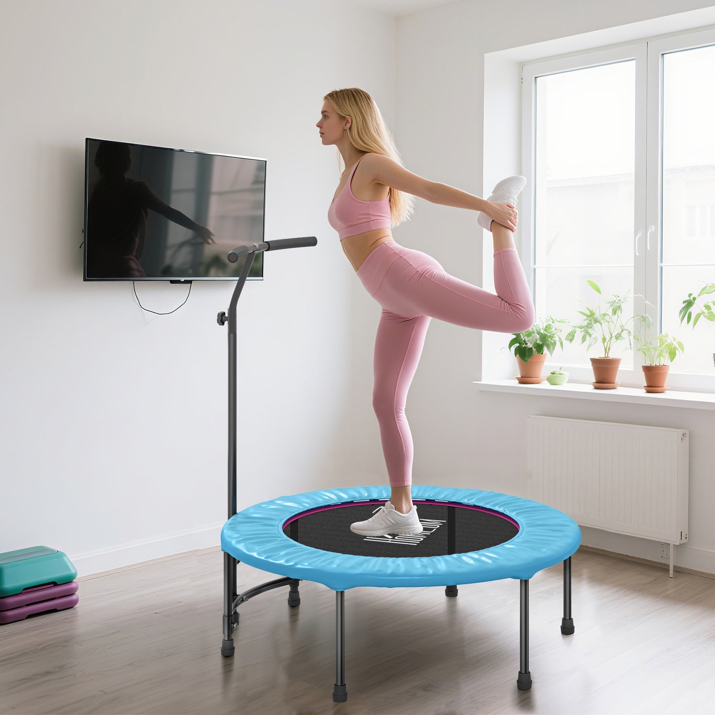 40" Fitness Trampoline with Adjustable Handle, Rebounder Trampoline