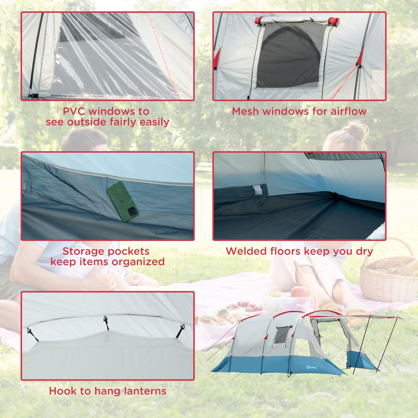6-8 Person Tunnel Tent, Camping Tent with Bedroom, Living Room