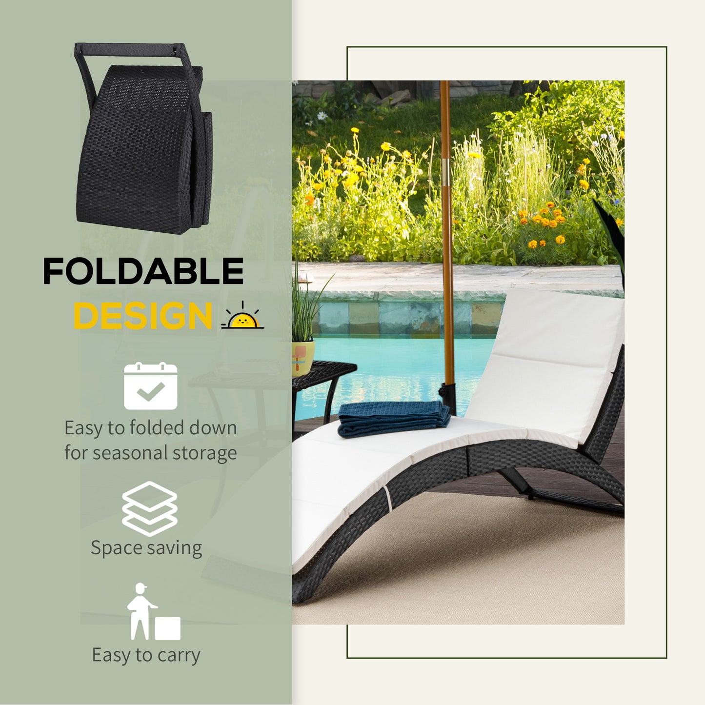 Folding Sun Lounger, PE Rattan Garden Lounger Chair