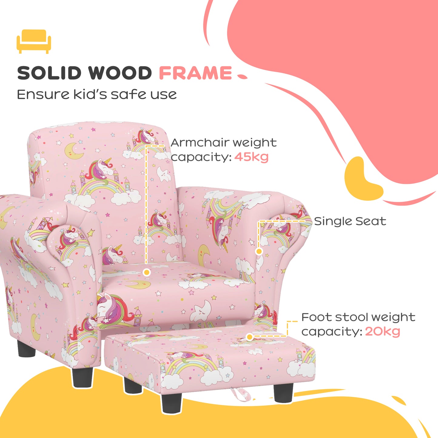 2 Piece Kids Sofa Set with Unicorn Design, Wooden Frame