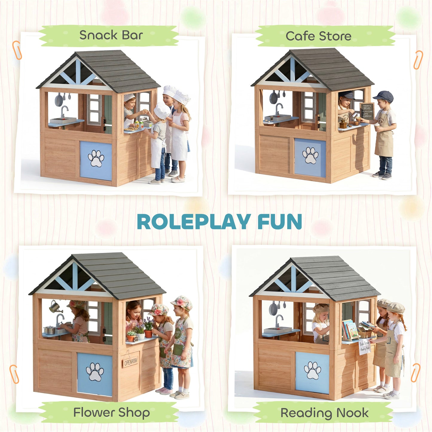 Wooden Playhouse for Kids, Wendy House with Pet Door, Play Kitchen