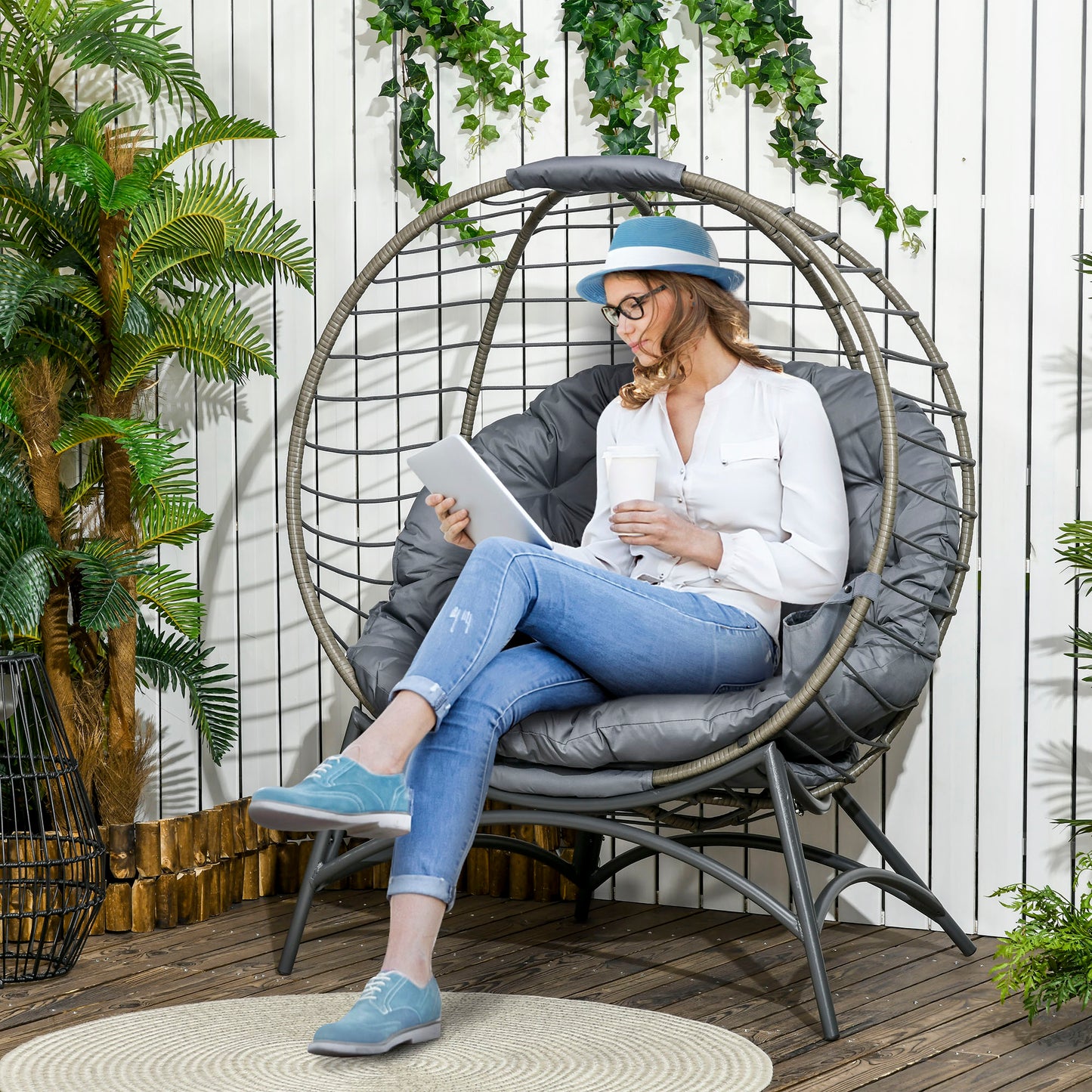 Folding Rattan Egg Chair, Freestanding Basket Chair with Cushion