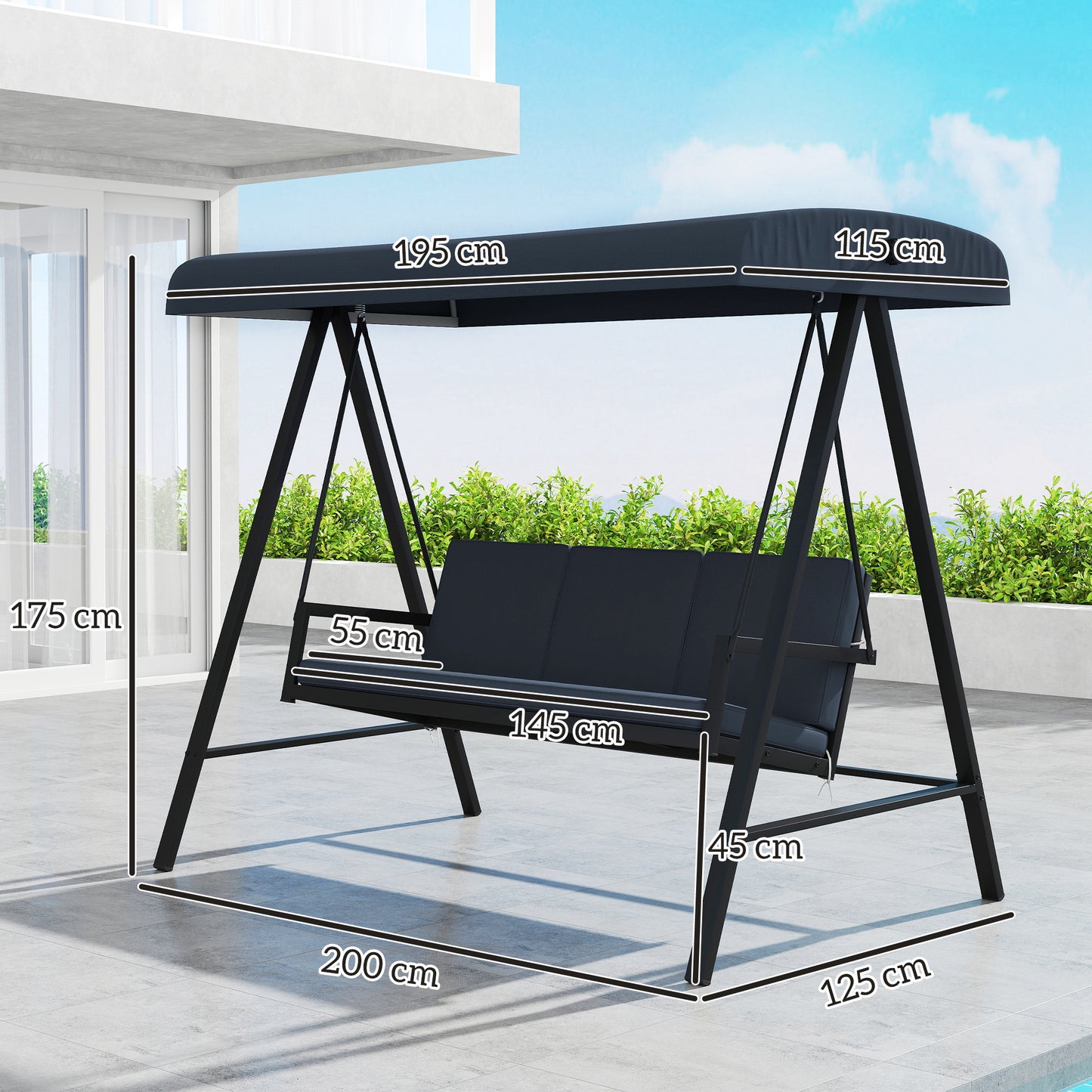Three-Seat Garden Swing Chair, with Adjustable Canopy